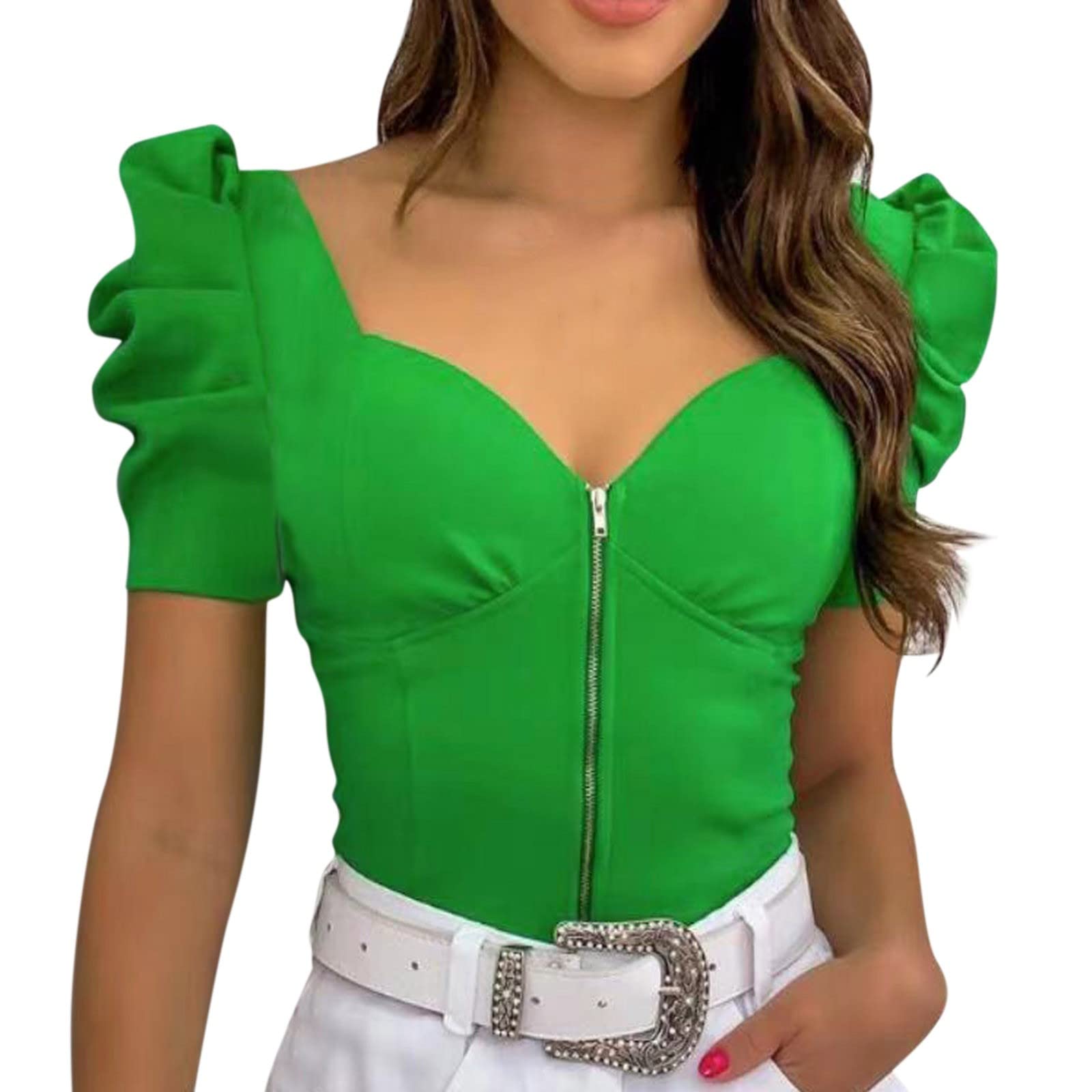 Women's White Sexy U-Neck Puff Sleeve Short Sleeve Zipper Top Tee Shirt - Summer Casual Blouse for Date Night & Office Wear