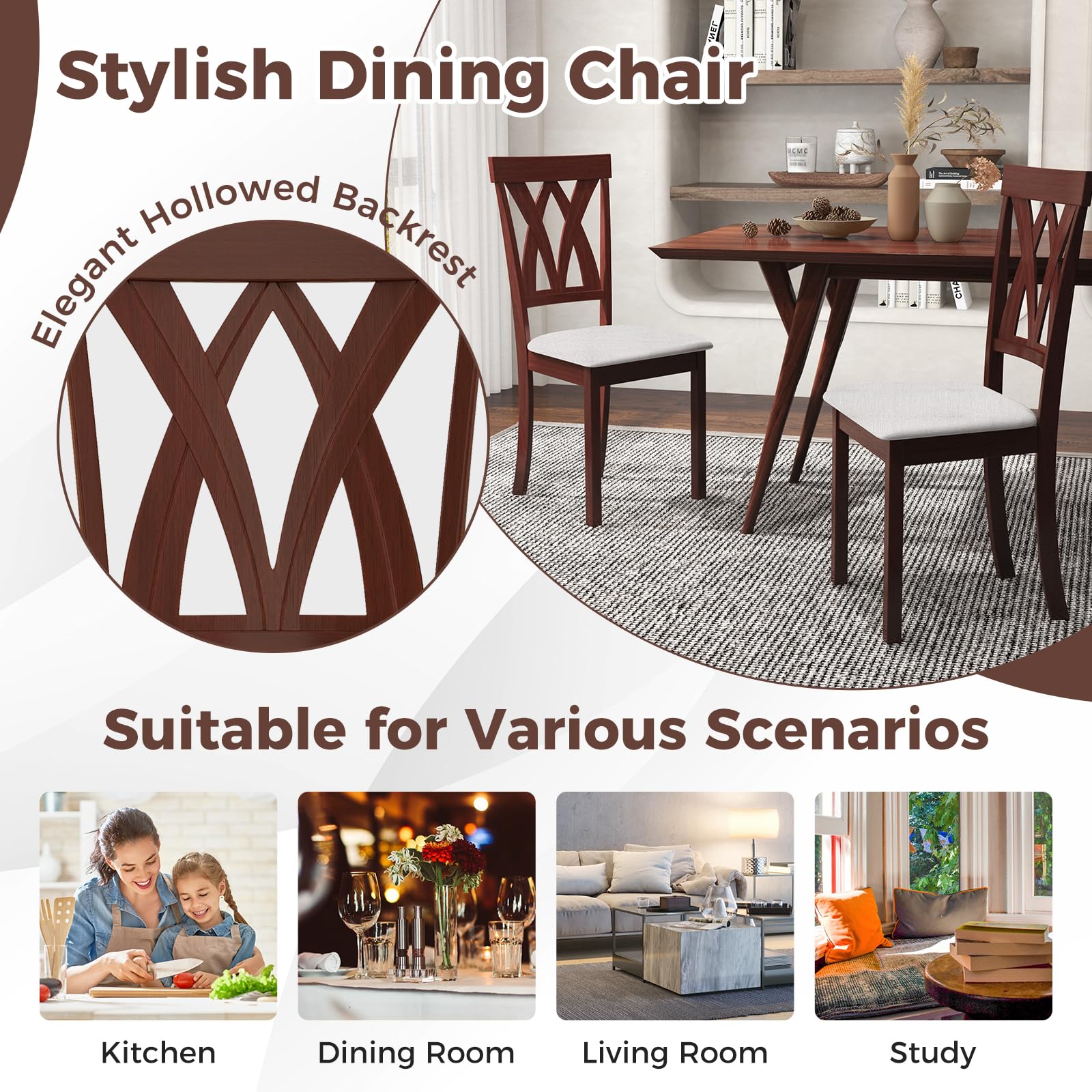 GOFLAME Set of 4 Wooden Dining Chairs - Upholstered Kitchen Side Chairs with Cushioned Seat, Sturdy Rubberwood Frame & Elegant Open Back Design - Perfect for Dining Room, Kitchen, Living Room & Small Spaces