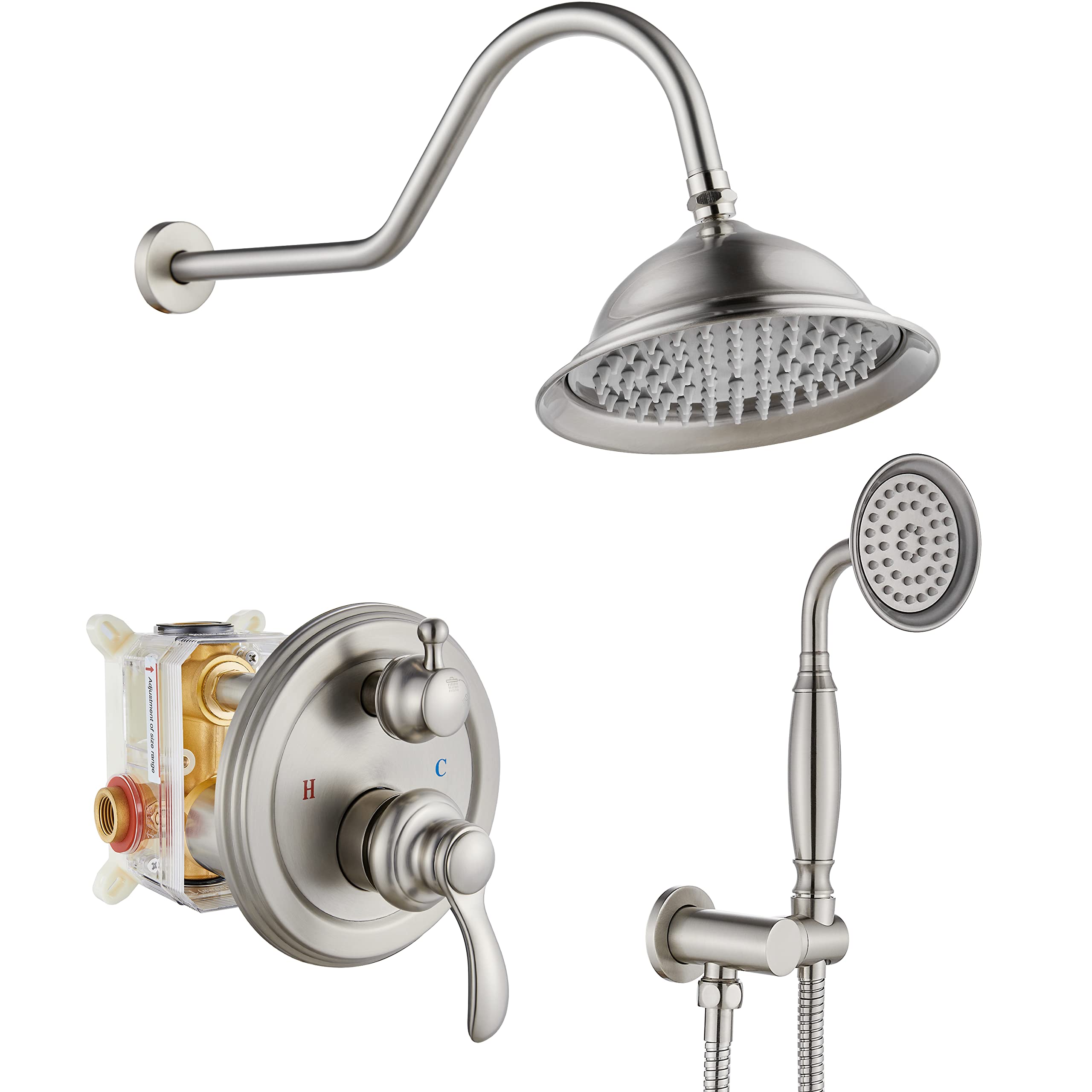 Gotonovo Vintage Rainfall 8 Inch Shower Head Wall Mount - Brushed Nickel Bathroom Faucet System with Antique Telephone Shape Hand Sprayer - Dual Function Shower Valve Set with Head & Handle - Perfect for Vintage Style Bathroom Renovation & Spa-Like Shower Experience