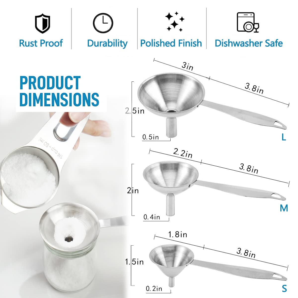 3-Piece Stainless Steel Kitchen Funnel Set - Long Handle Food Grade Metal Funnels for Bottles, Oil & Liquids Transfer - Easy to Clean with Brush - Perfect for Home Kitchen, DIY Projects & Essential Oil Bottling