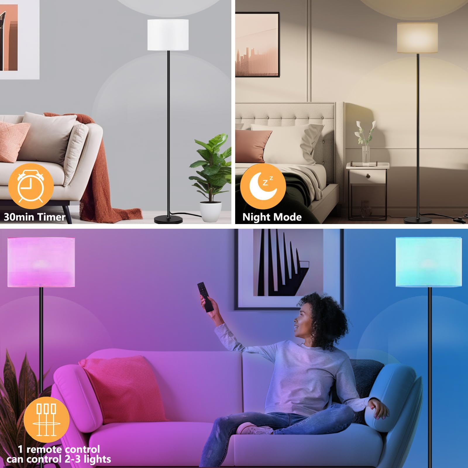 Modern LED Floor Lamp with Remote Control - Dimmable Color Temperature & Brightness, Adjustable Standing Lamp for Living Room, Bedroom, Office - Perfect for Reading, Relaxing & Ambient Lighting (Black/White, 9W Bulb)