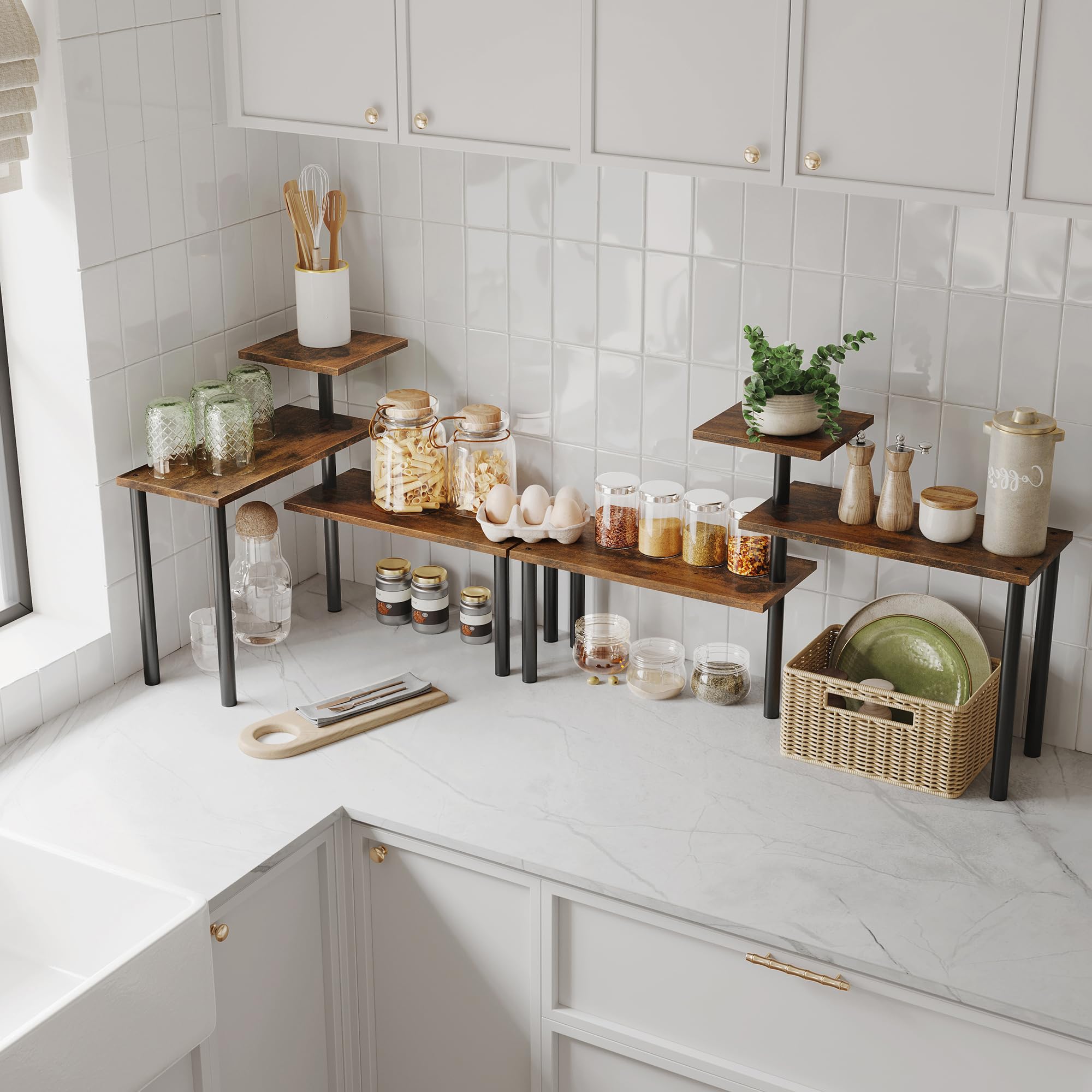 3-Tier Rustic Brown Countertop Organizer Corner Shelf - Adjustable Kitchen & Bathroom Storage for Spices, Coffee, Over Sink - Perfect for Small Space Organization in Pantry, Vanity & Dressing Tables