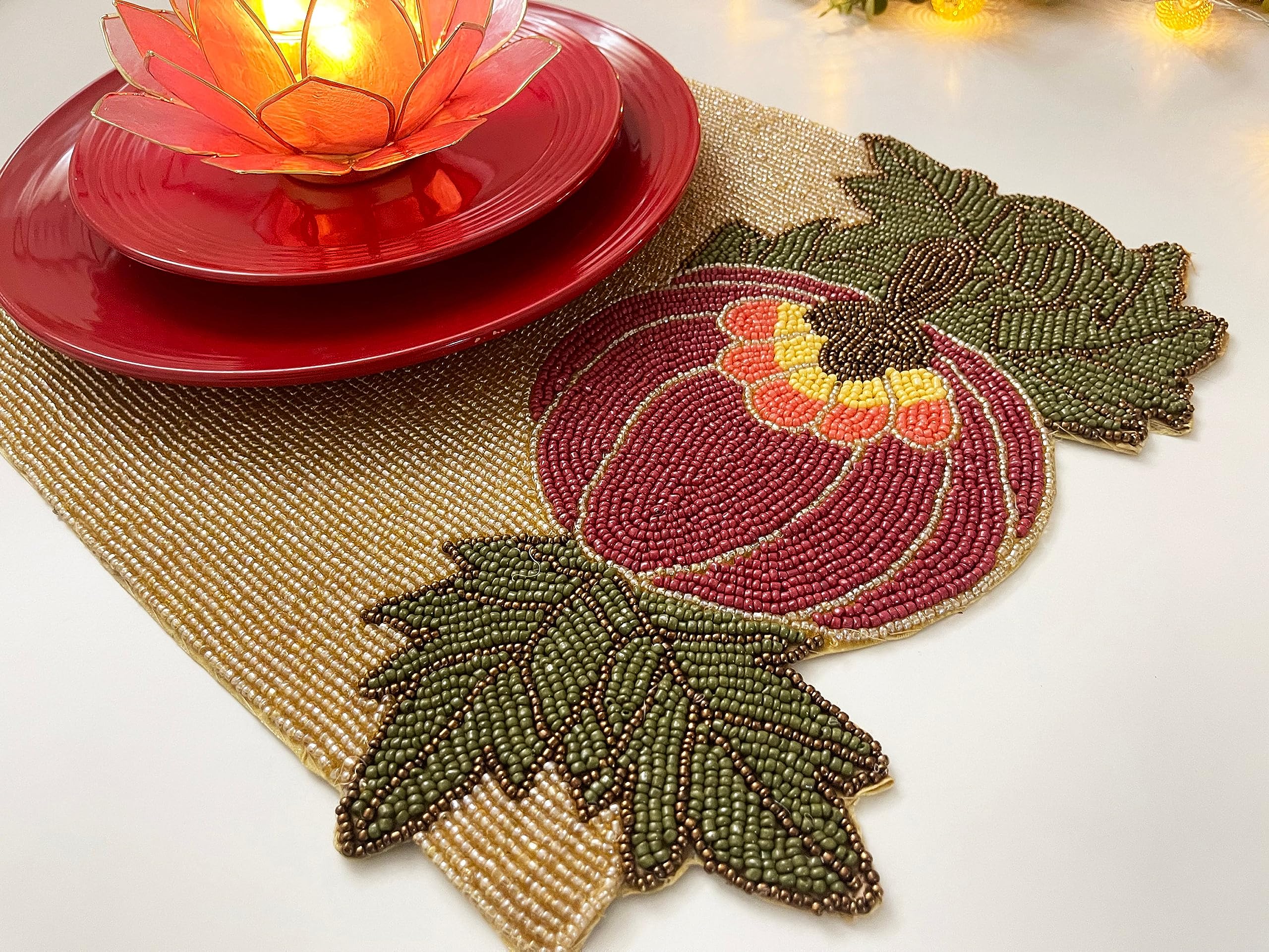Set of 2 Handmade Beaded Placemats - Pumpkin Design Beaded Charger Plates for Fall Table Decor | Perfect for Thanksgiving, Autumn Dinner Parties & Seasonal Home Decor