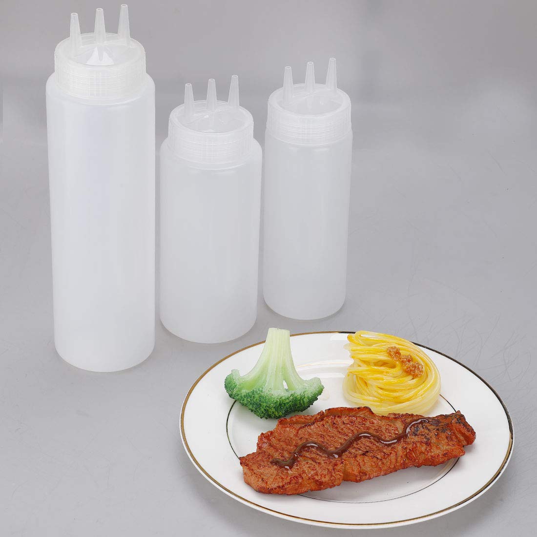 uxcell 23oz Plastic White 3 Hole Squeeze Bottles - Leakproof Condiment Dispenser for Ketchup, Syrup, Dressings, Sauces - Perfect for Kitchen, Restaurant, BBQ & Food Storage
