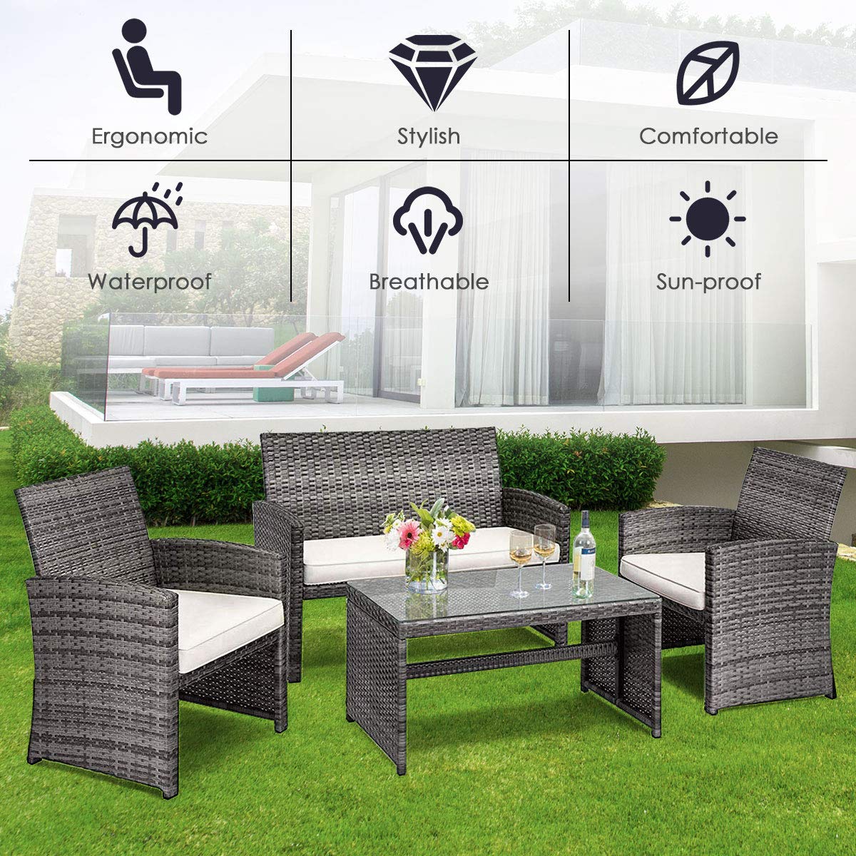 4-Piece Wicker Patio Furniture Set with Rattan Sofa Chairs, Removable Cushions & Tempered Glass Coffee Table - Outdoor Conversation Set for Garden, Lawn, Poolside or Backyard Relaxation