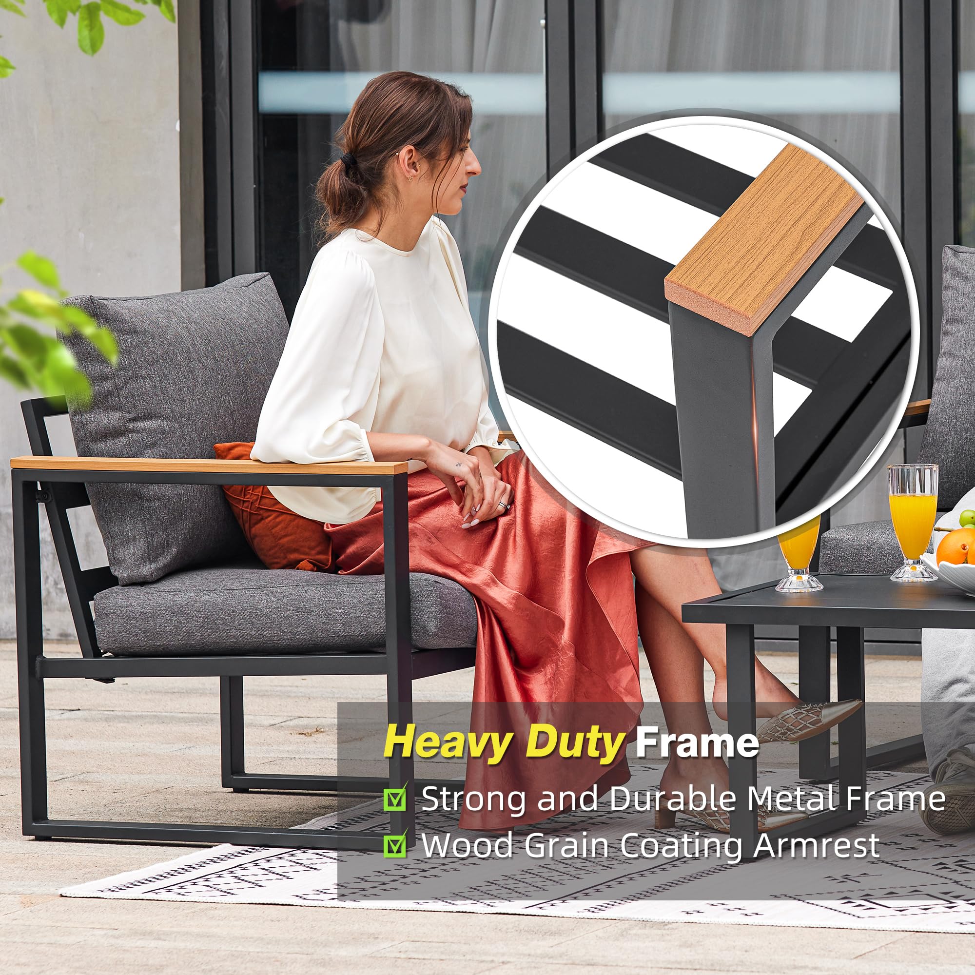 4-Piece Outdoor Patio Furniture Set with Table - Durable Metal Frame & Washable High-Resiliency Sponge Cushions in Grey - Perfect for Garden, Backyard, Deck or Poolside Relaxation