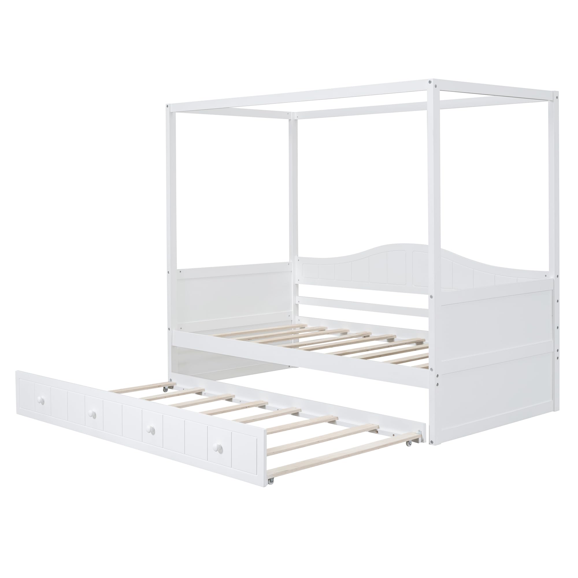 Harper & Bright Designs White Wooden Twin Canopy Bed with Trundle - Daybed & Sofa Bed Frame for Kids, Teens & Adults - No Box Spring Needed - Perfect for Guest Rooms, Dormitories & Small Spaces