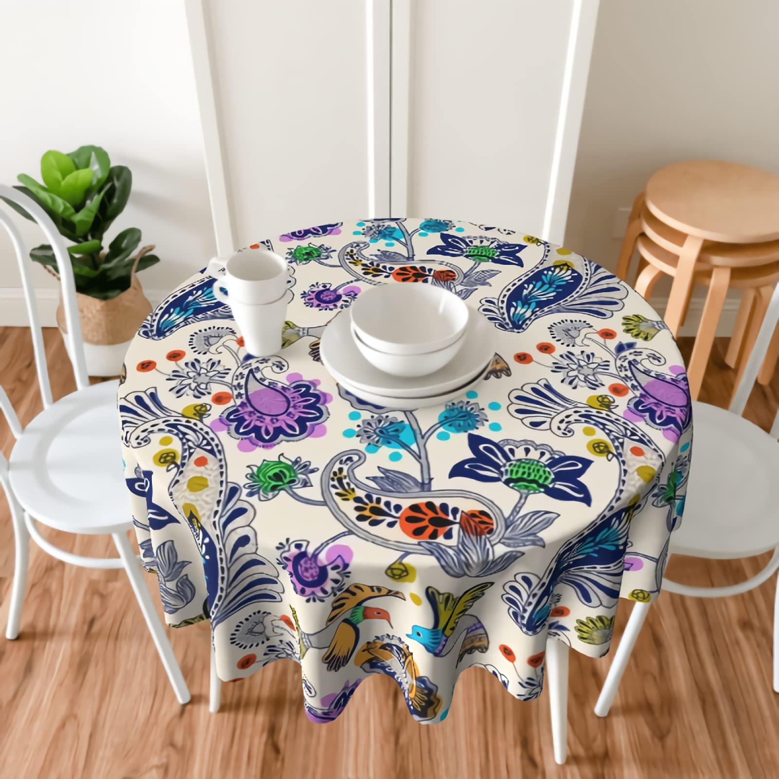 Stylish Paisley Floral Bird Print Waterproof Round Tablecloth - 60 Inch for Wedding, Party, Dining, Holiday & Banquet Decor - Perfect for Indoor and Outdoor Events
