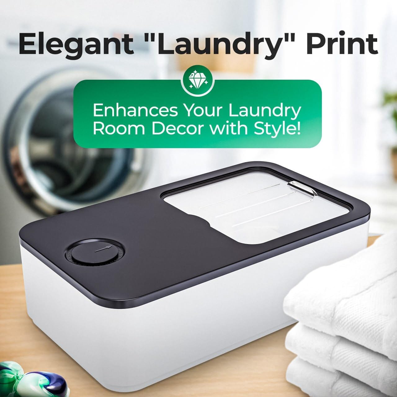 Skywin Laundry Detergent Pod Storage Container with Slide Lid - 15 x 8.7 x 4.5 Inches - Holds 11 lbs or 120-150 Pods - Black with Print - Perfect for Laundry Room Organization & Pod Storage