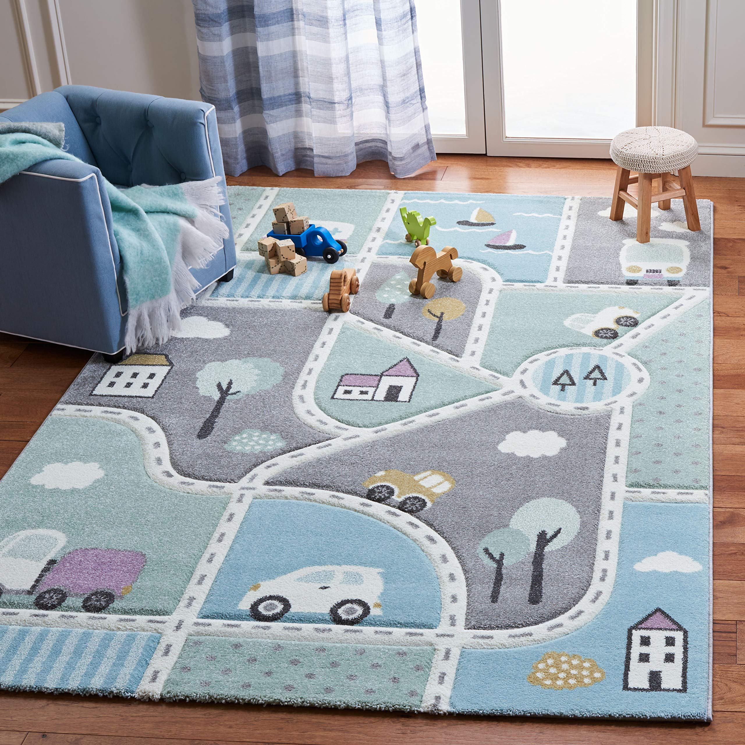 SAFAVIEH Carousel Kids Collection Area Rug - 10' x 14', Grey & Light Blue, Non-Shedding & Easy Care, Durable for High Traffic Areas - Perfect for Boys & Girls Playroom, Nursery, Bedroom, and Kids' Learning Spaces (CRK193F)