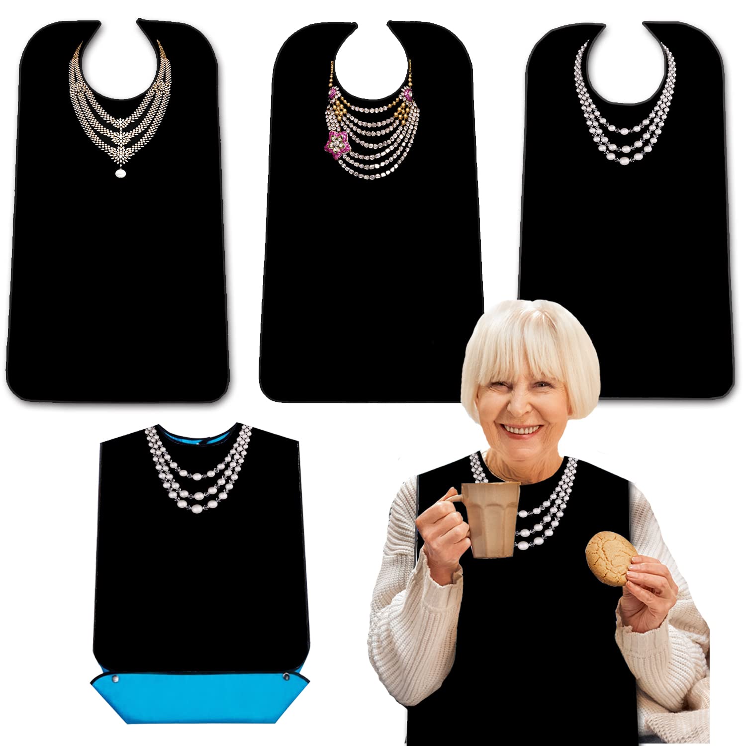 3 Pack Washable Adjustable Adult Bibs with Crumb Catcher - Elegant Dining Bibs for Women & Seniors - Perfect for Mealtime, Elderly Care & Disabled Adults