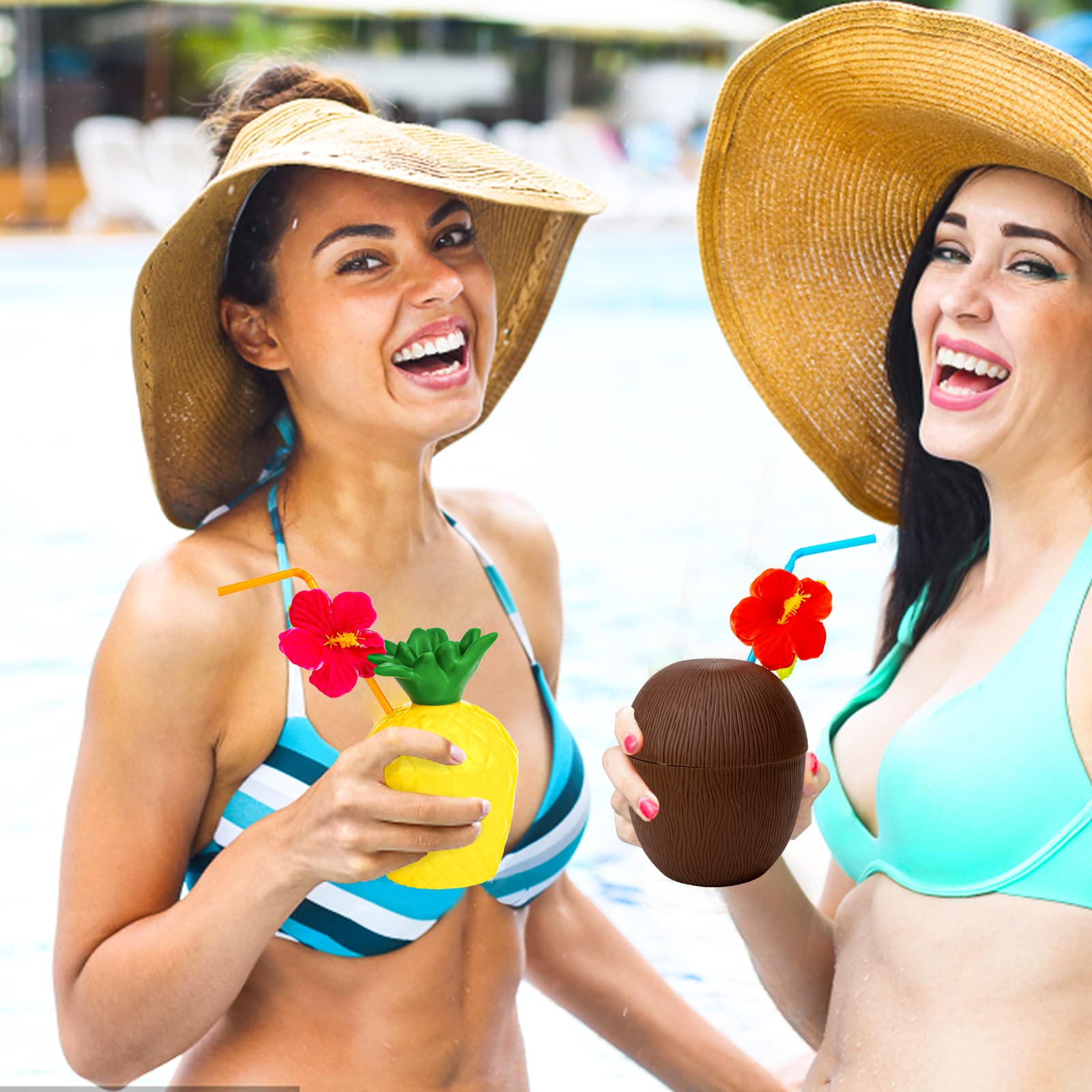 12PCS Pineapple Coconut Cups with Lids & Straws - Tropical Hawaiian Themed Reusable Drinkware for Beach Parties, Luau Celebrations, Birthday Events & Summer Gatherings - BPA-Free Plastic Cocktail Cups for Poolside Drinks and Outdoor Entertaining