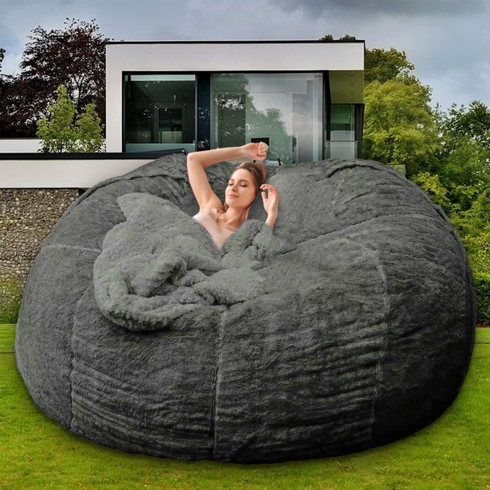 7FT Giant Round Bean Bag Chair for Adults & Kids - Fluffy Comfy Lazy Sofa Cover Without Filling - Dark Grey Floor Reading Chair for Living Room, Bedroom & Game Room