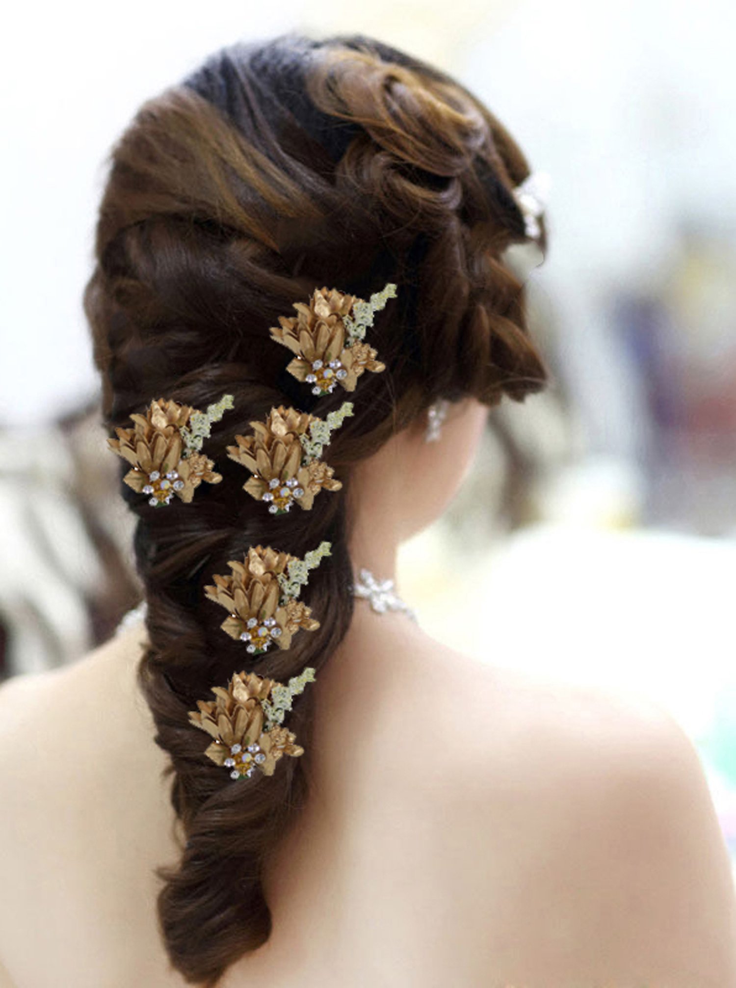 Elegant Golden Artificial Flower Hair Pins for Women - 5-Piece Set for Buns, Updos & Special Occasions | AASA Fashion Hair Accessories