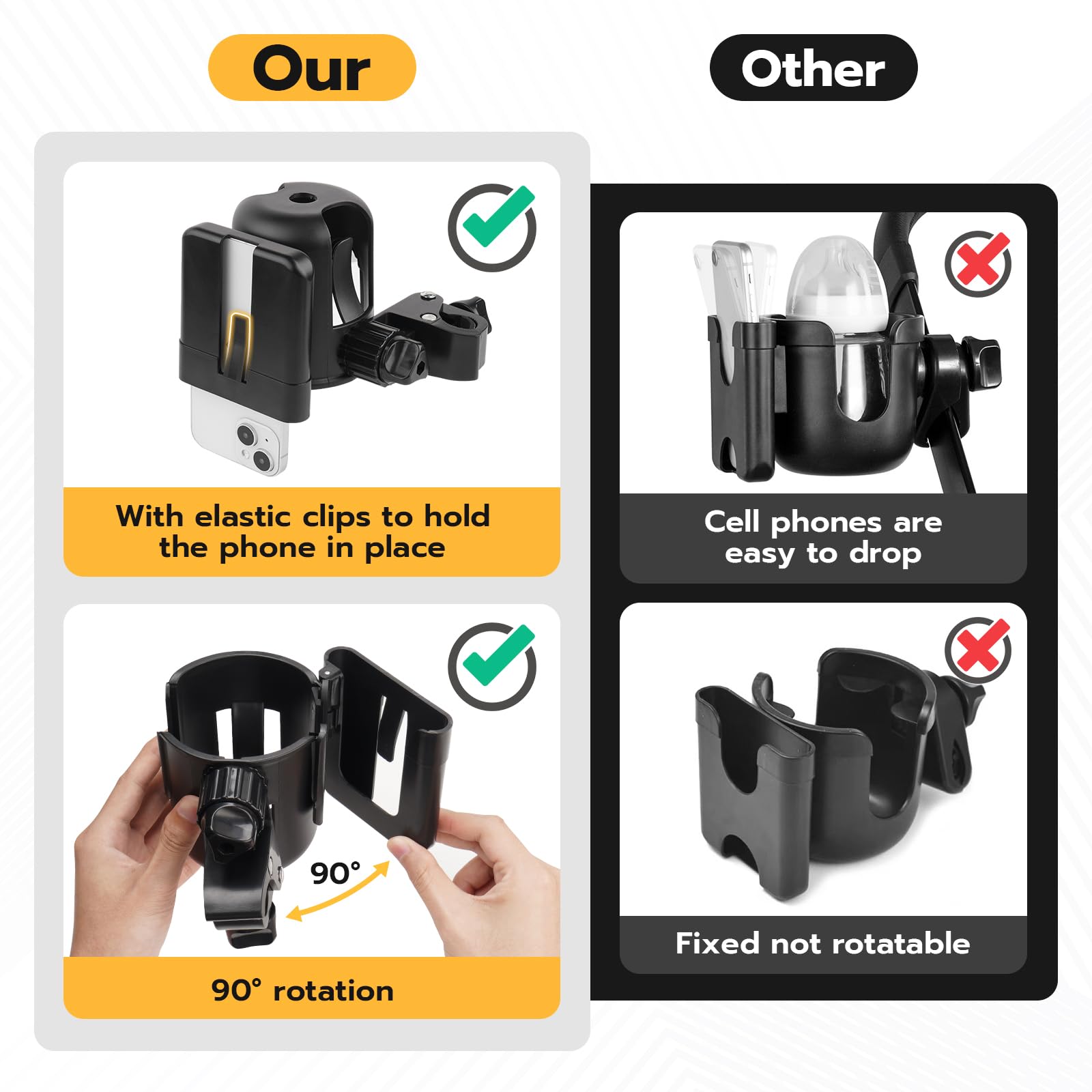2-in-1 Universal Cup Holder with Phone Mount - Removable Dual Cup & Phone Holder for Car, Boat, Stroller, Wheelchair, Bicycle, Golf Cart - Perfect for Travel, Outdoor Activities and Daily Commute [Black]