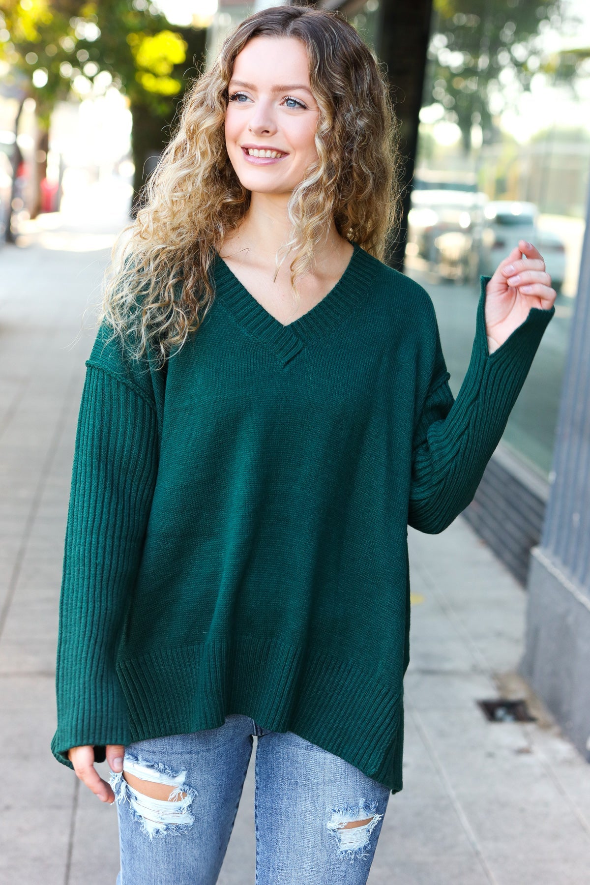 Stylish Hunter Green Oversized V-Neck Rib Knit Sweater for Women - Cozy Fall & Winter Layering Essential