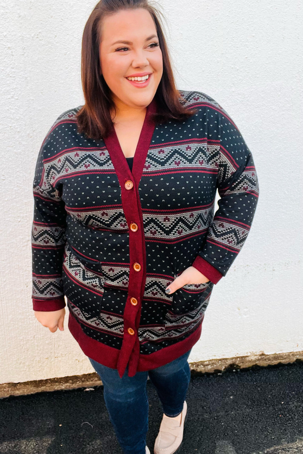 Classic Burgundy Holiday Print Button Cardigan for Women - Cozy Christmas Sweater for Holiday Parties & Family Gatherings