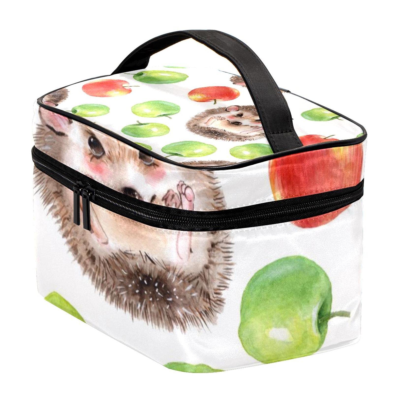 Hand-Drawn Hedgehogs & Apples Large Travel Makeup Bag - Waterproof Cosmetic Organizer with Zipper for Women & Girls | Perfect for Vacation, Gym, and Daily Essentials Storage