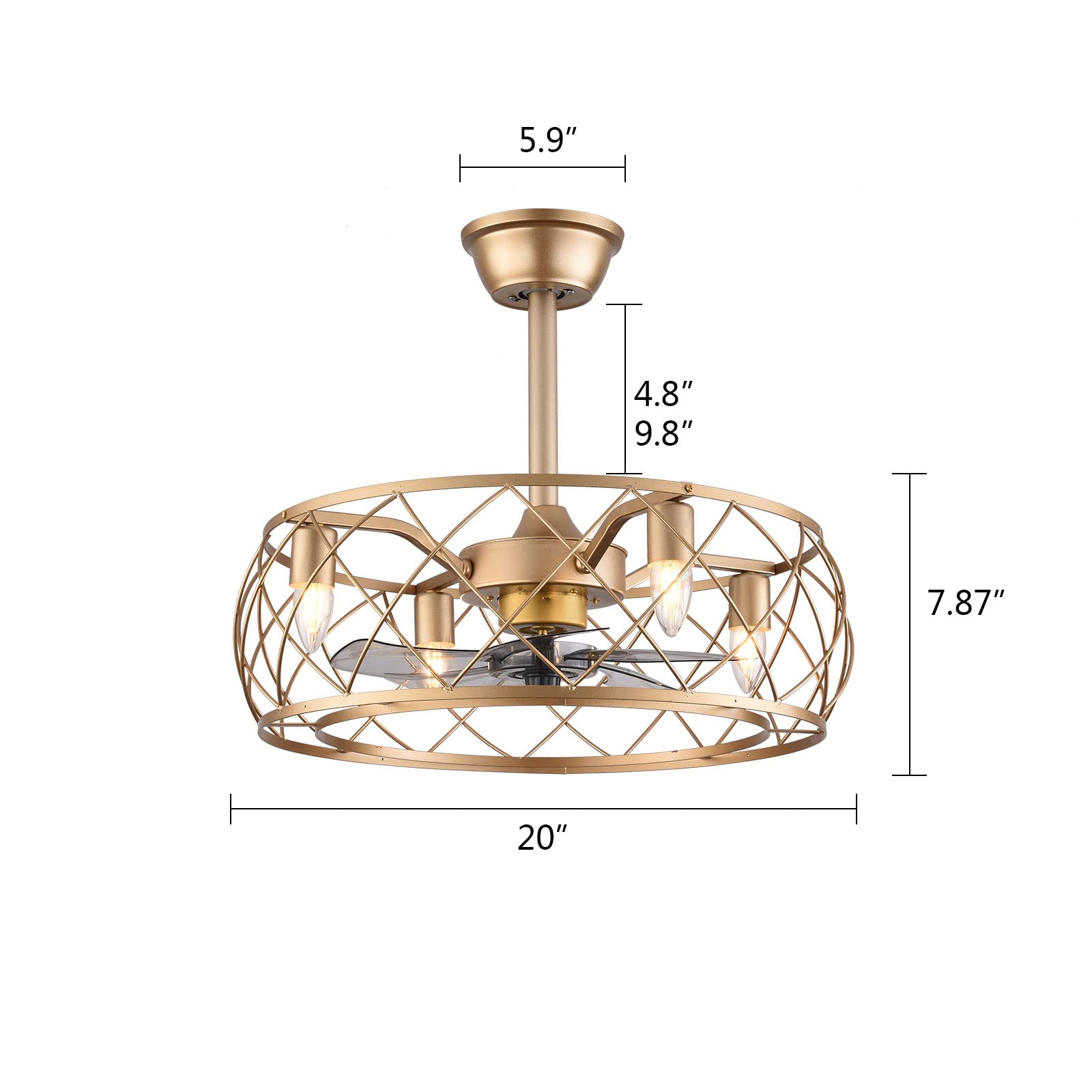 20 Inch Gold Industrial Metal Cage Ceiling Fan with Remote Control & Lights - Rustic Style for Living Room, Bedroom, and Office Spaces