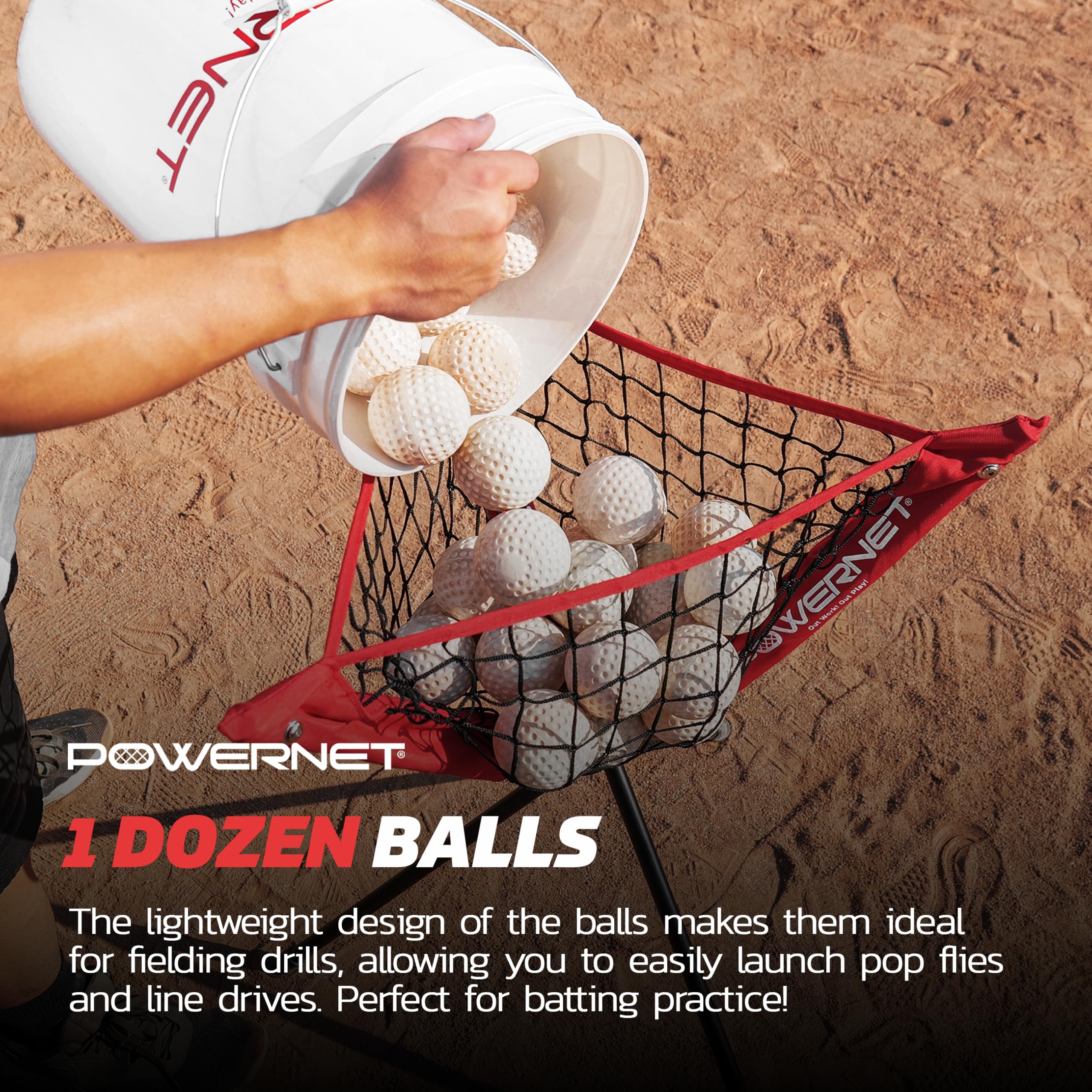 PowerNet Launch F-lite Softball & Baseball Pitching Machine with Dimpled Practice Balls & Bucket of Baseballs - Complete Coaching Bundle for Baseball Training & Practice | Perfect for Backyard Drills, Team Practices & Pitching Machine Training