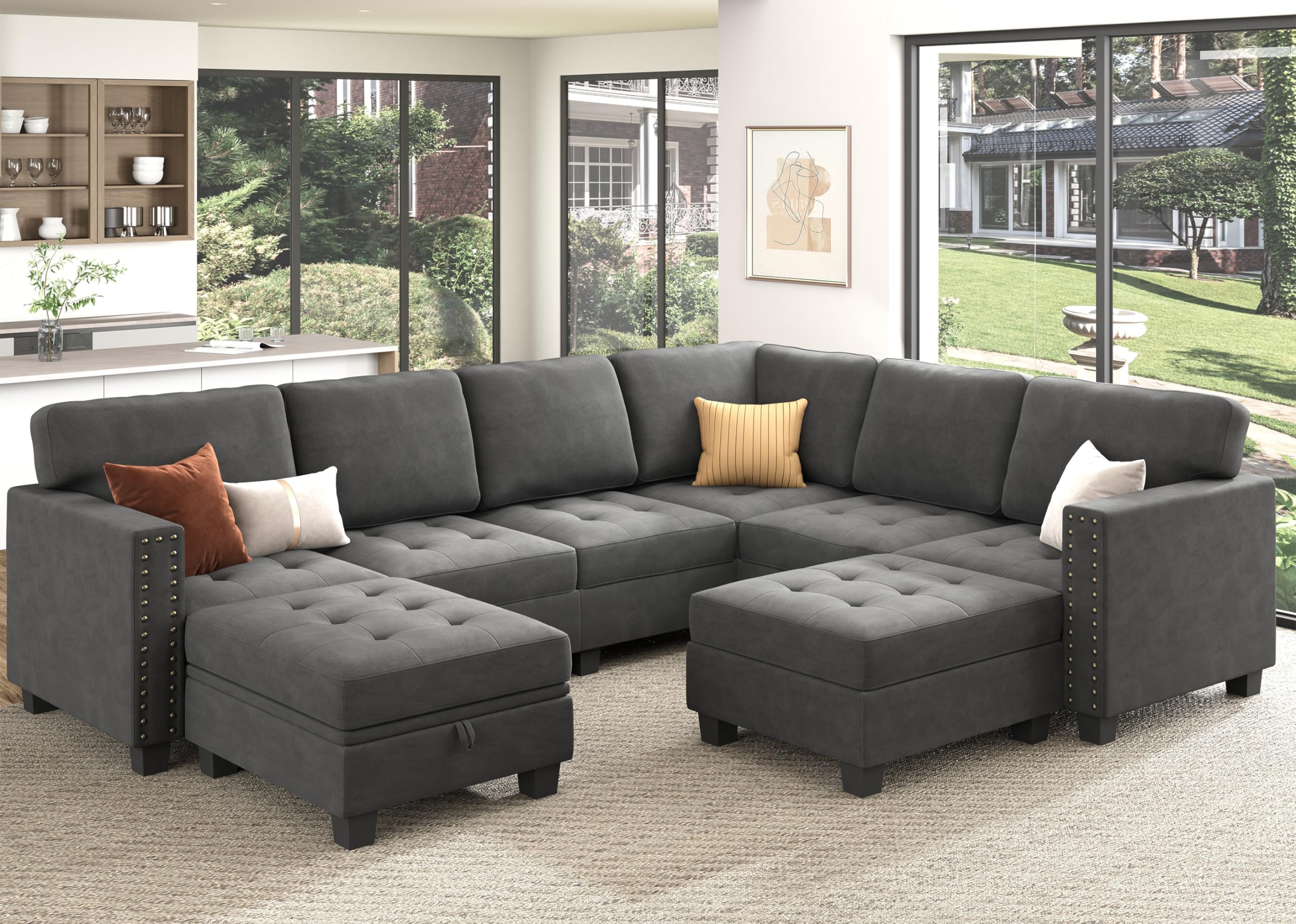 HONBAY Velvet Modular Sectional Sofa - L-Shaped Couch with Storage Ottoman & Top Tray, U-Shape Living Room Sofa in Grey | Perfect for Small Spaces, Apartments & Cozy Home Decor