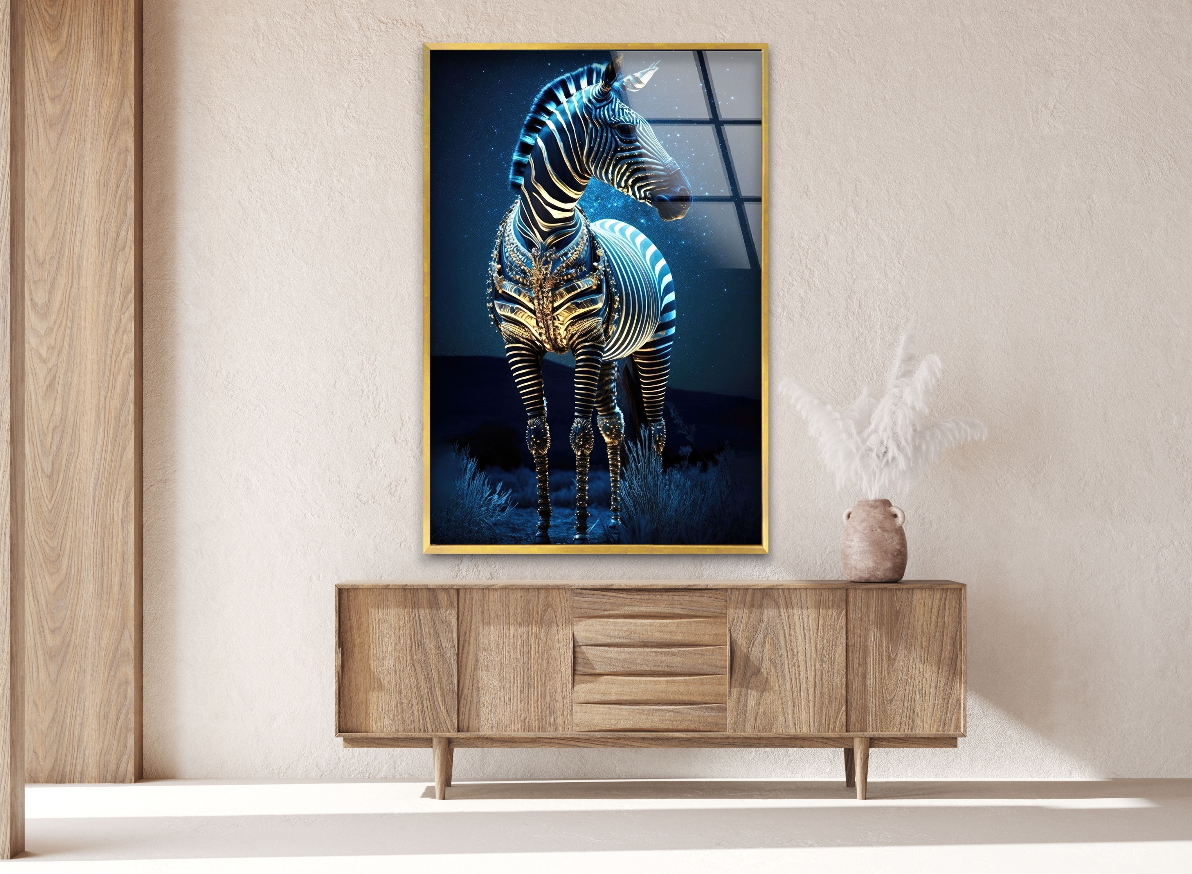 Blue Zebra Glass Wall Art - Modern Home Decor for Living Room, Bedroom & Office - Handmade Glass Painting for Unique Interior Design