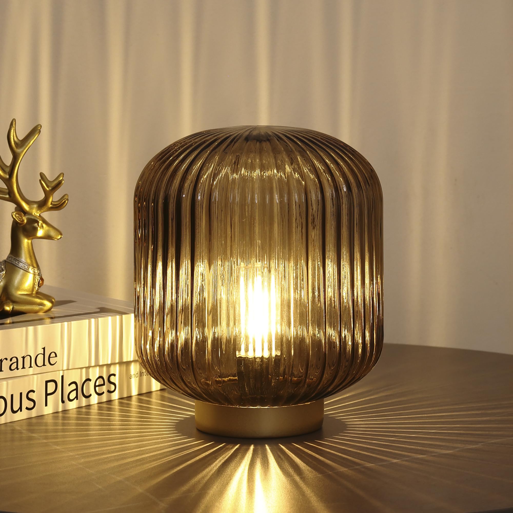 WESJO Battery Operated Table Lamp - Cordless LED Night Light with Glass Shade, Portable Decorative Lighting for Bedroom, Living Room, Hallway (Brown) | Perfect for Reading, Nightstand, Power Outages & Cozy Ambience