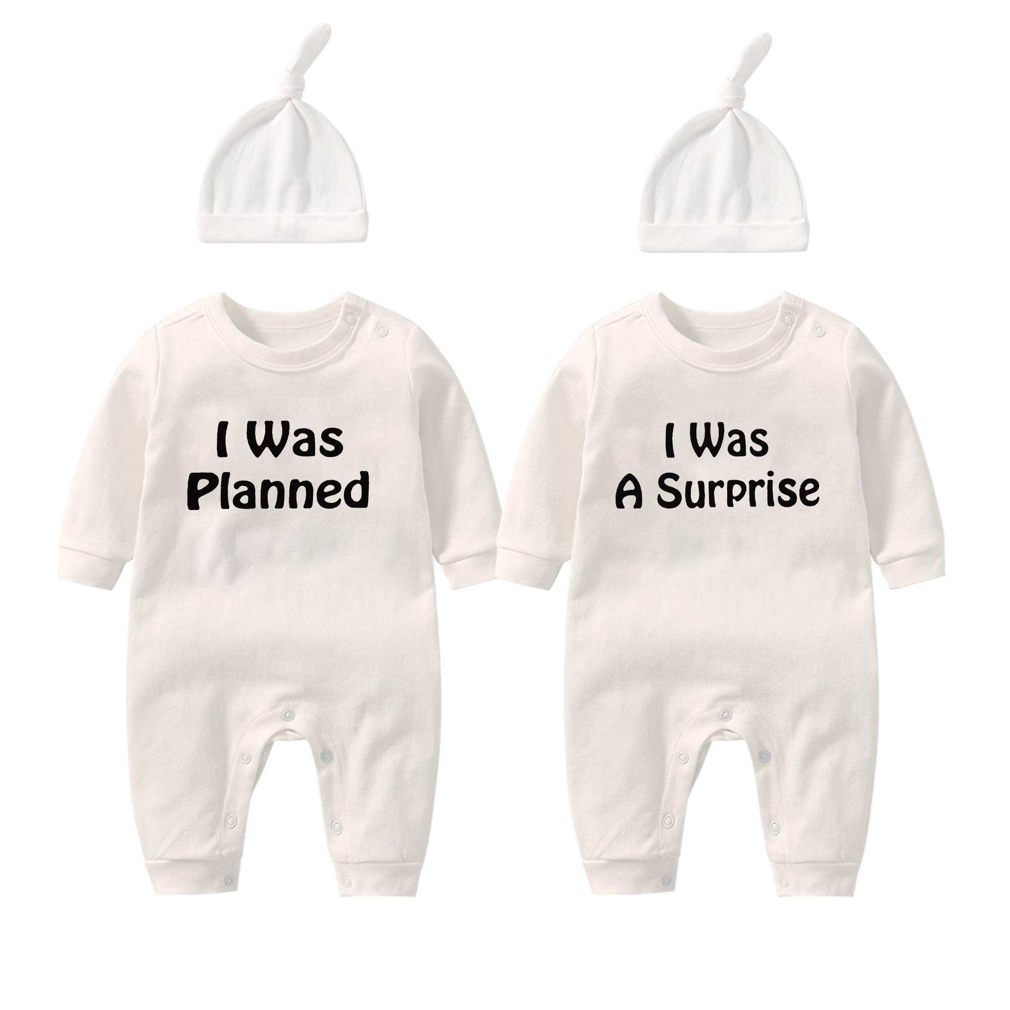 YSCULBUTOL Baby Twins Outfit - Newborn Baby Girl & Boy Matching Romper Jumpsuit - 'I Was Planned' & 'I Was a Surprise' Cute Sibling Clothes - Perfect for Photoshoots, Family Gatherings & Special Occasions