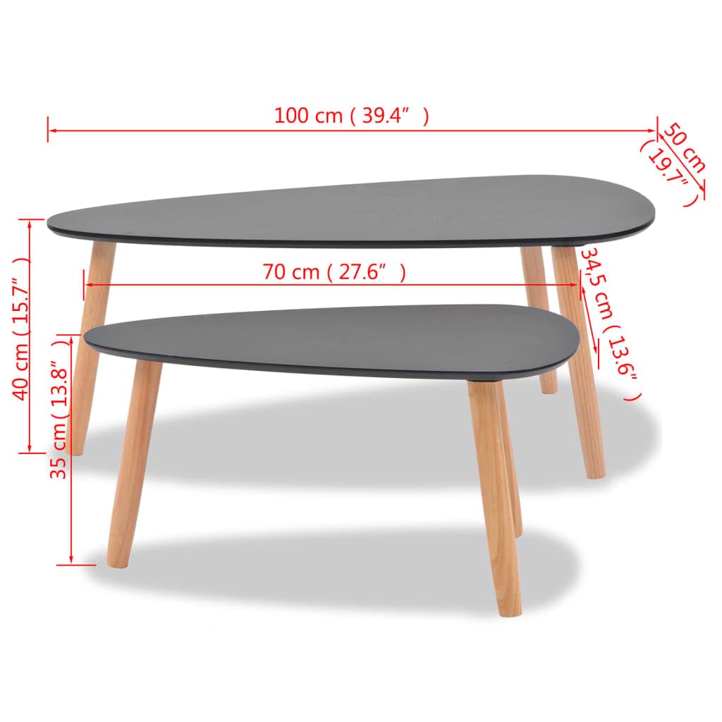 vidaXL 2-Piece Nesting Coffee Table Set with Solid Pine Wood Legs, Scandinavian Style Side Tables for Living Room, Bedroom, or Office - Black - Space-Saving Modern Furniture for Small Spaces