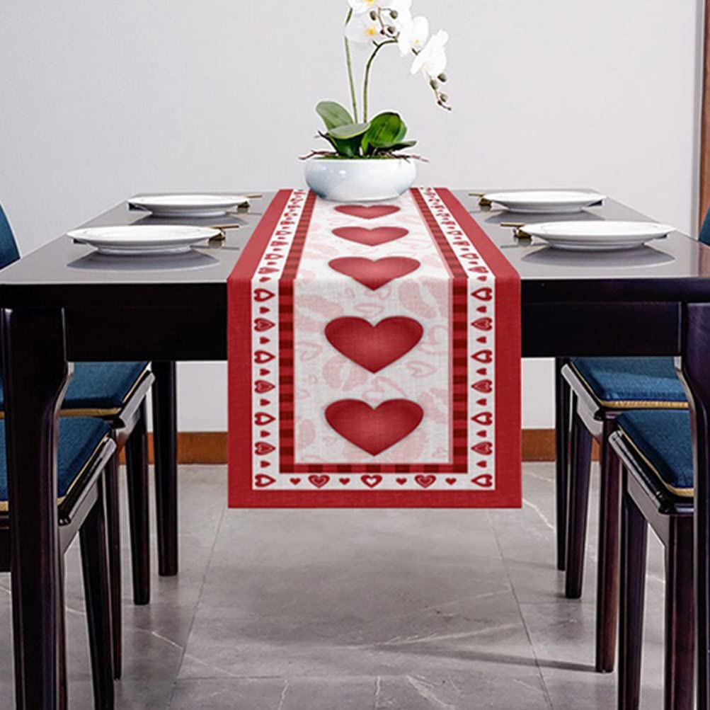 Premium Printed Flax Table Runner - Embroidered Heart Design for Wedding, Party & Dining Table Decor - Coffee Table Cover & Upholstery Cloth - Romantic Red Heart Theme for Home & Event Decoration