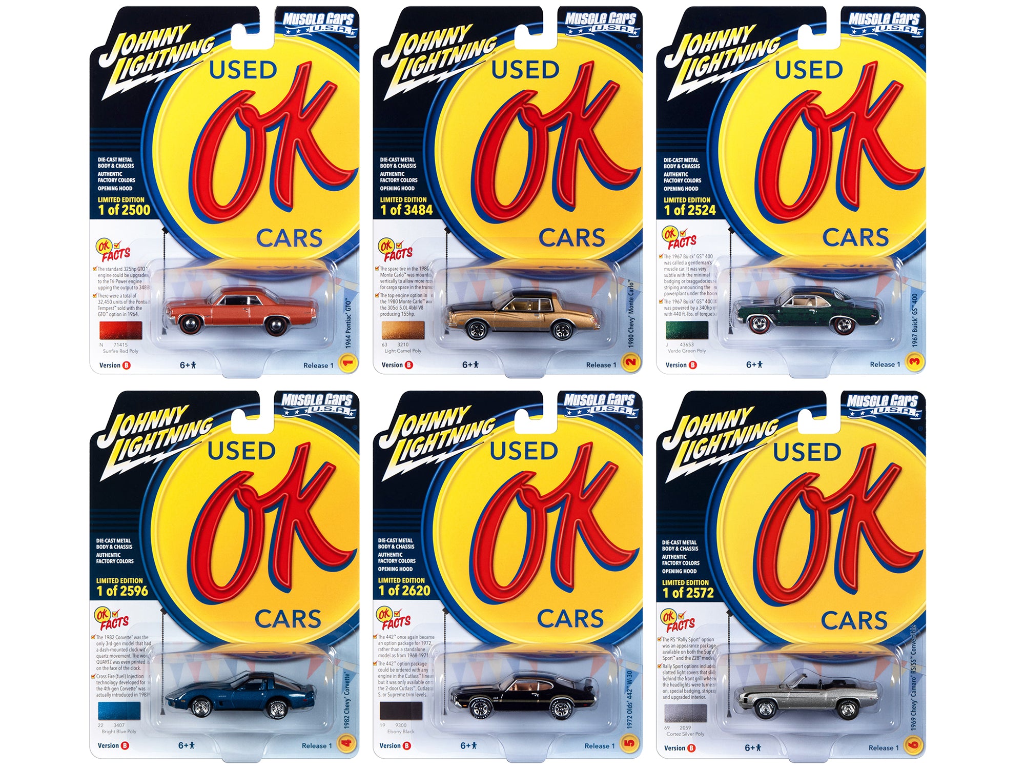 Johnny Lightning 1/64 Scale Diecast Muscle Cars USA 2023 Set B - 6 Piece Collectible Model Cars | Vintage American Muscle Car Collection for Display & Racing Scenes