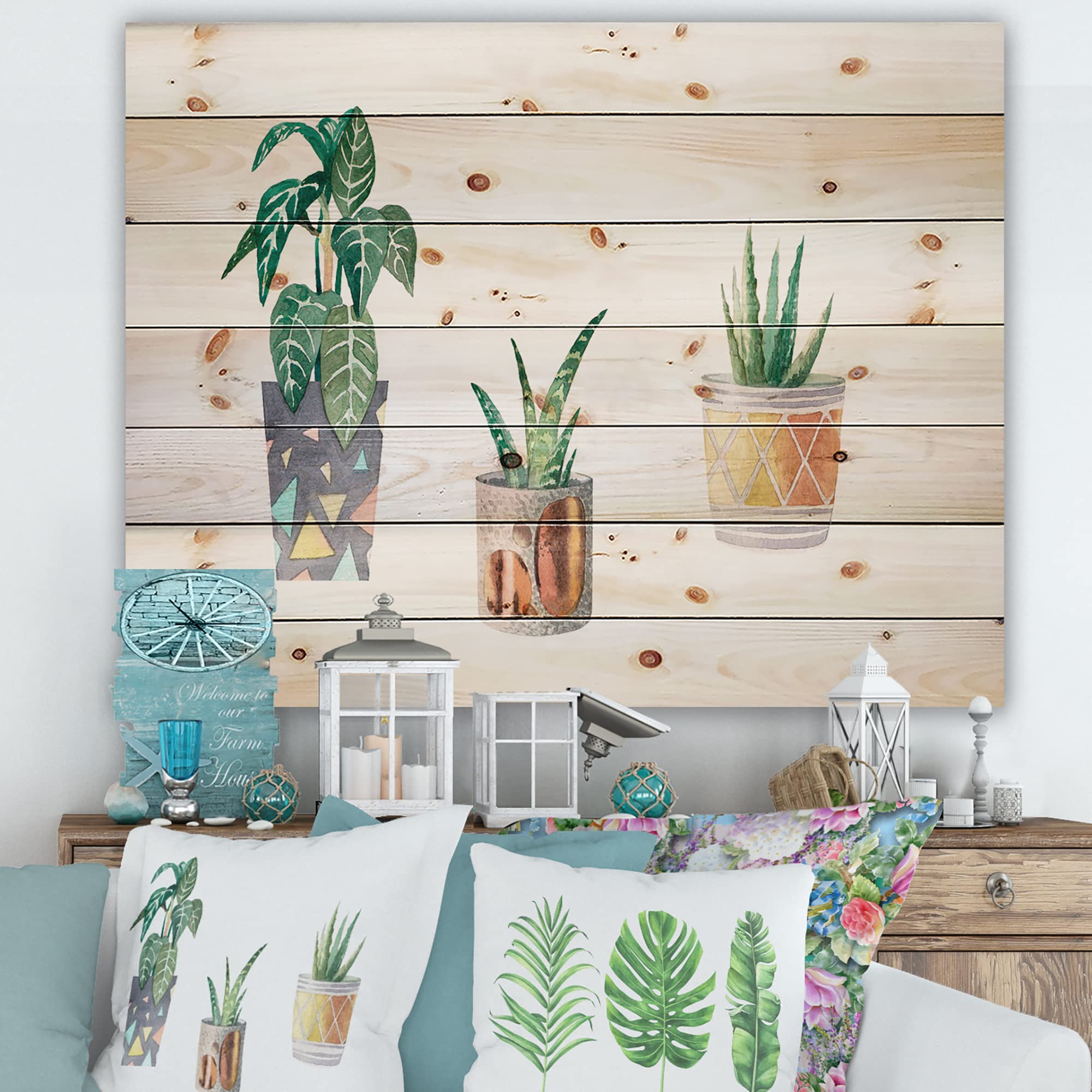 DesignQ Three Potted Houseplants Wood Wall Decor - Traditional Green Floral Wall Art Panels - Large Natural Pine Wood Art for Living Room, Bedroom & Office Decor