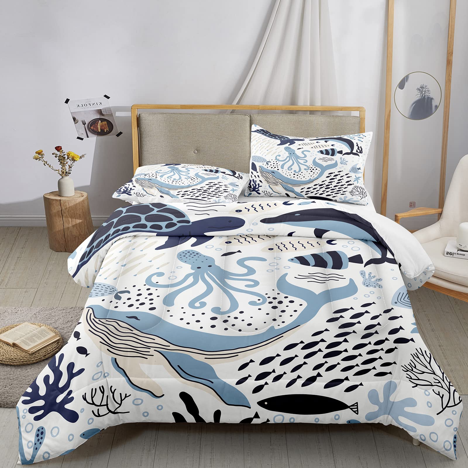**Bodhi Octopus Whale Comforter Set Full Size - Soft Microfiber Bedding for Boys, Kids & Teens - Marine Life Theme with 1 Comforter & 2 Pillow Shams (#4006) - Perfect for Kids' Rooms, Themed Bedrooms & Ocean Lovers**