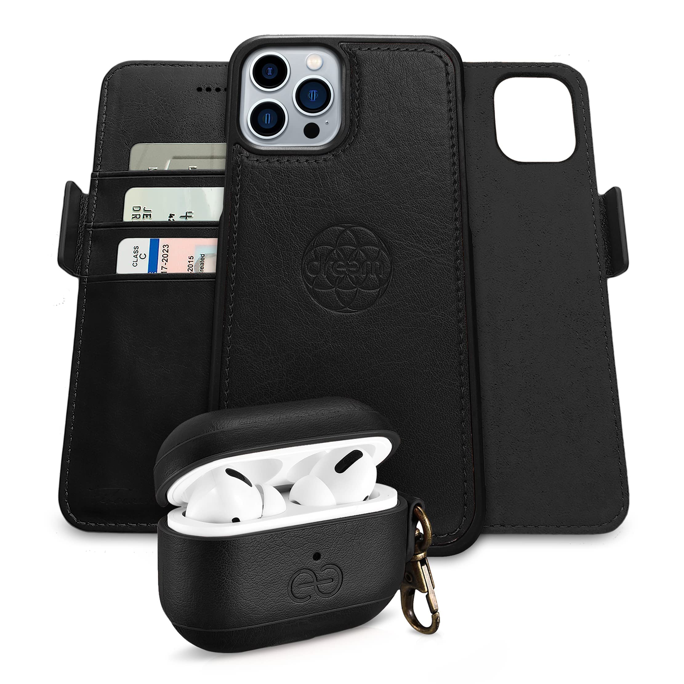 Premium Fibonacci Wallet Case for iPhone 13 Pro Max with AirPods Pro Case Cover - Slim RFID Blocking Leather Phone Wallet (Black) | Perfect for Travel, Work & Everyday Use