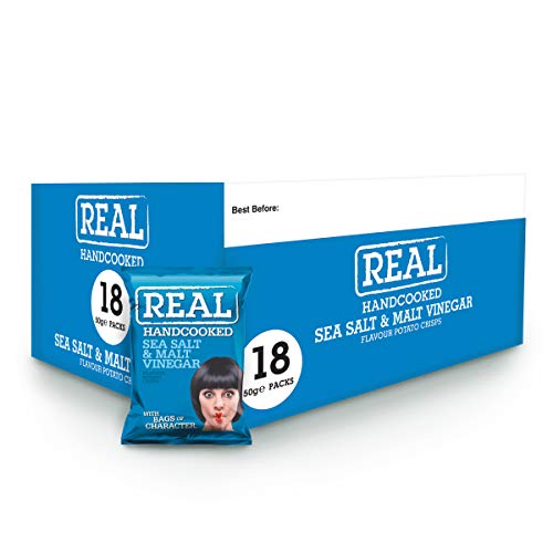 Hand Cooked Sea Salt & Malt Vinegar Potato Chips - 18 Pack (50g Each) | Crunchy Snack for Parties, Picnics & Movie Nights