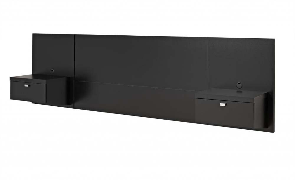 Prepac Series 9 Designer Floating Headboard with Nightstands - Queen Size, Black - Modern Bedroom Furniture for Small Spaces & Apartment Living