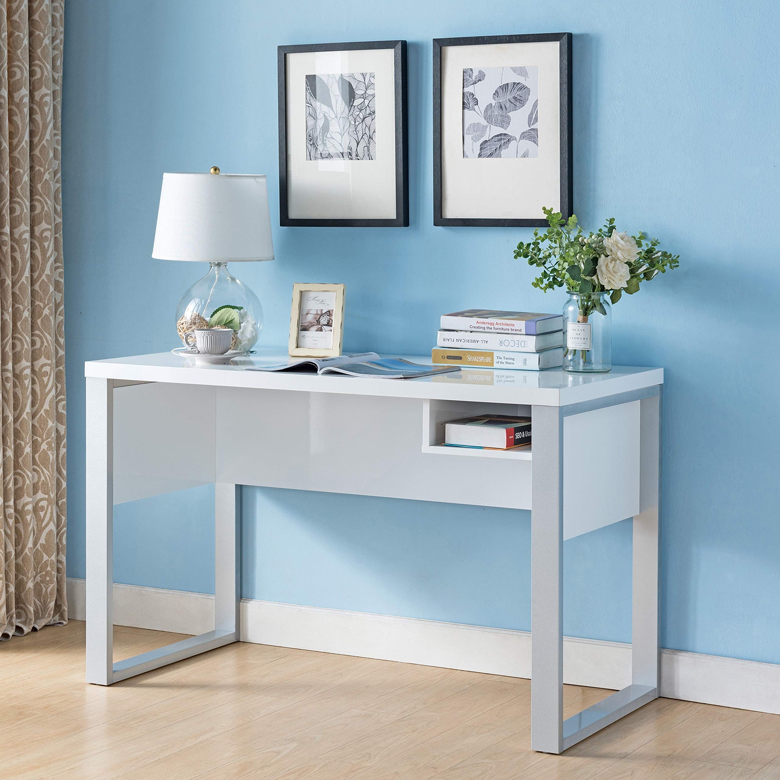 Modern White Single Shelf Writing Desk - Contemporary Transitional Rectangular Design with Glossy MDF Particle Board - Includes Hardware - Perfect for Home Office, Study Room & Small Spaces