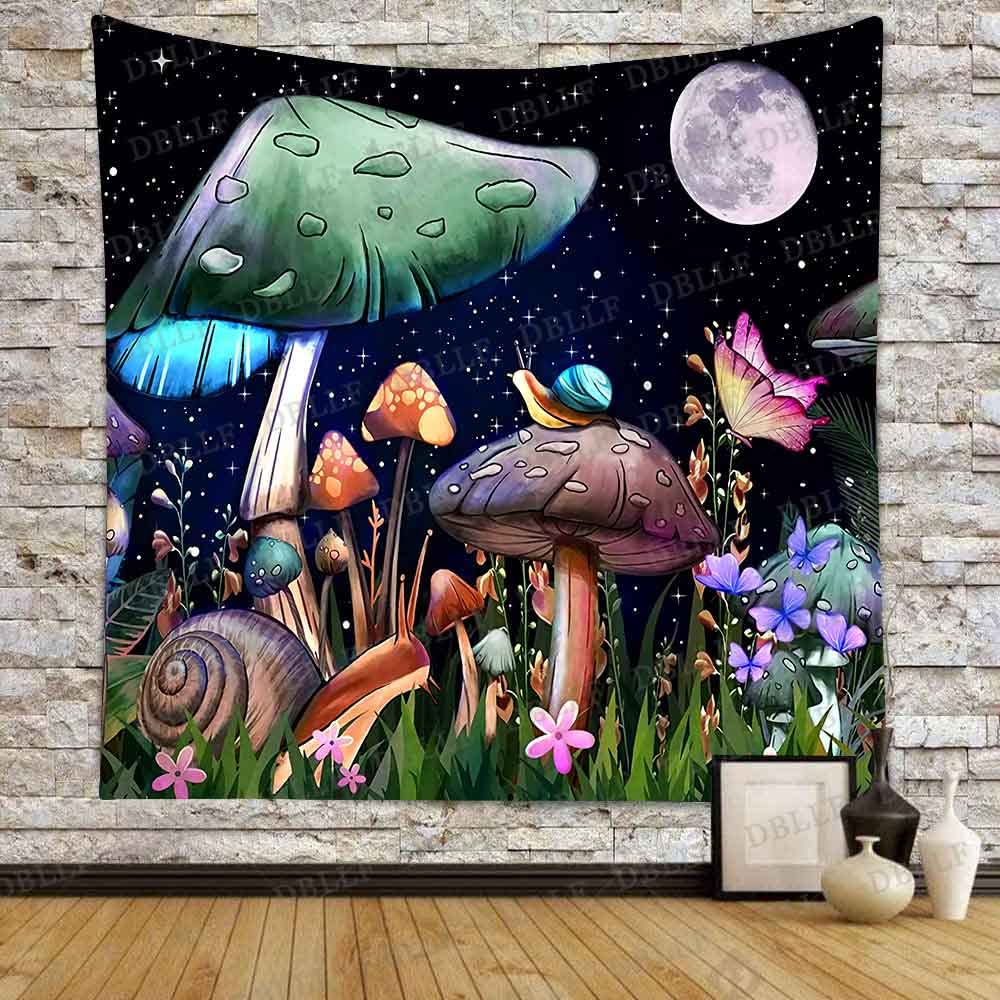 Trippy Mushroom Tapestry - Cute Snail, Butterfly & Flower Aesthetic Wall Hanging - Fantasy Moon & Stars Fairy Tale Forest Design - 60x60 Inch Square Tapestry for Bedroom Decor, Dorm Room, Festival Backdrop or Boho Home Decor