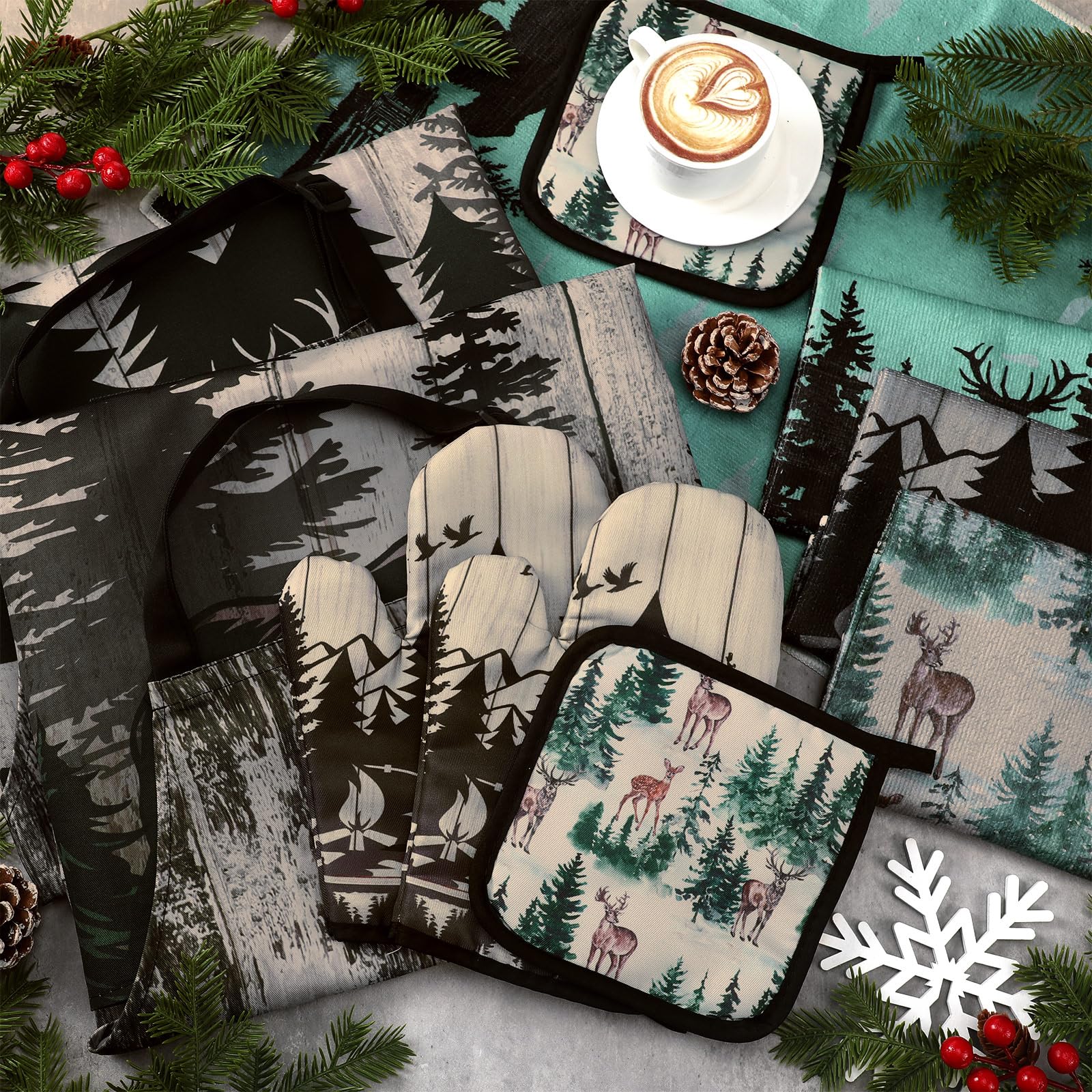 Geetery 10-Piece Christmas Kitchen Set - Cotton Oven Mitts, Pot Holders, Apron & Towels with Holiday Tree Design - Gray Green Jungle Print - Perfect for Holiday Cooking, Baking & Kitchen Decor