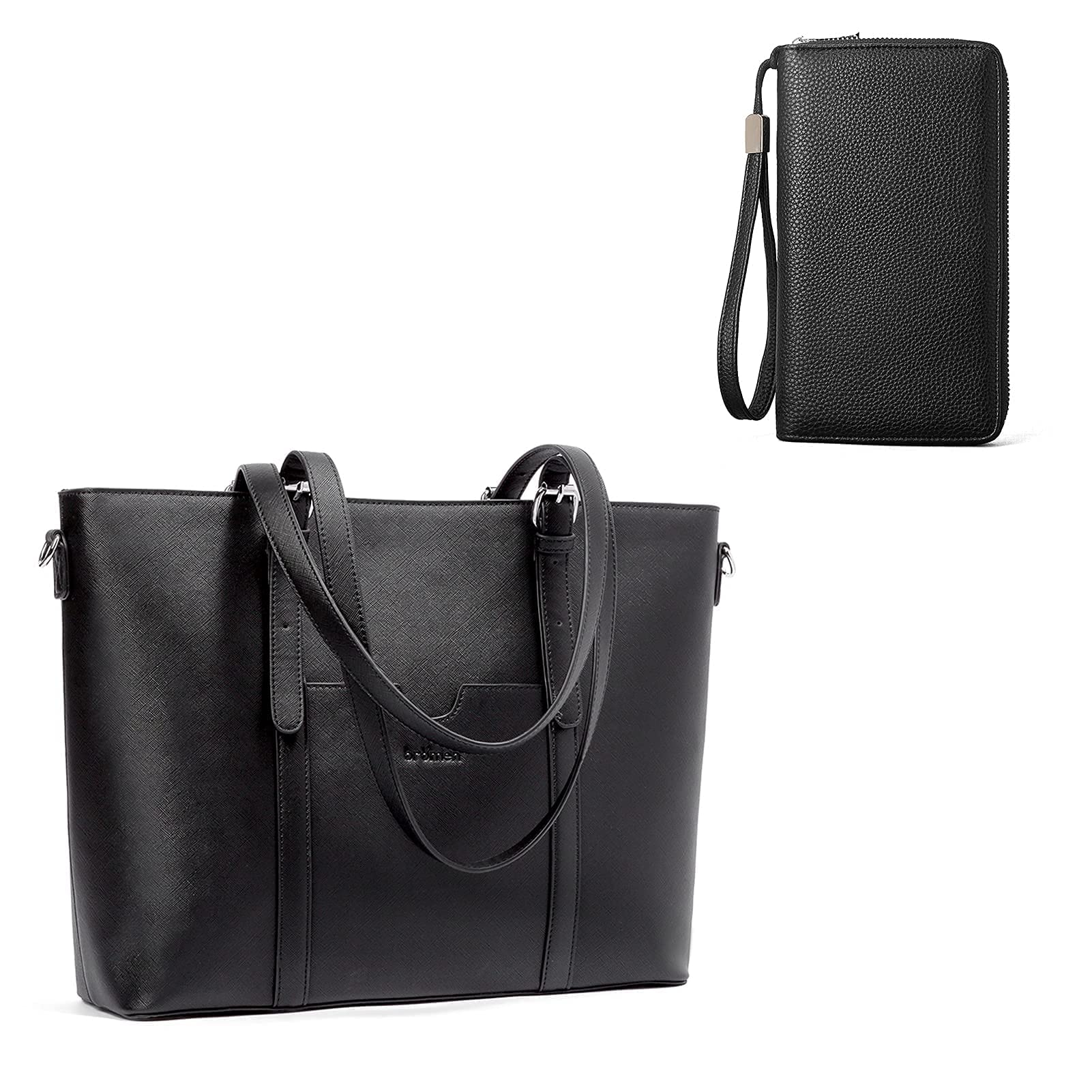BROMEN 15.6 Inch Laptop Tote Bag for Women with Matching Wallet Set - Professional Work Briefcase & Business Office Essentials - Black Leather Organizer for Commuting, Meetings, and Travel