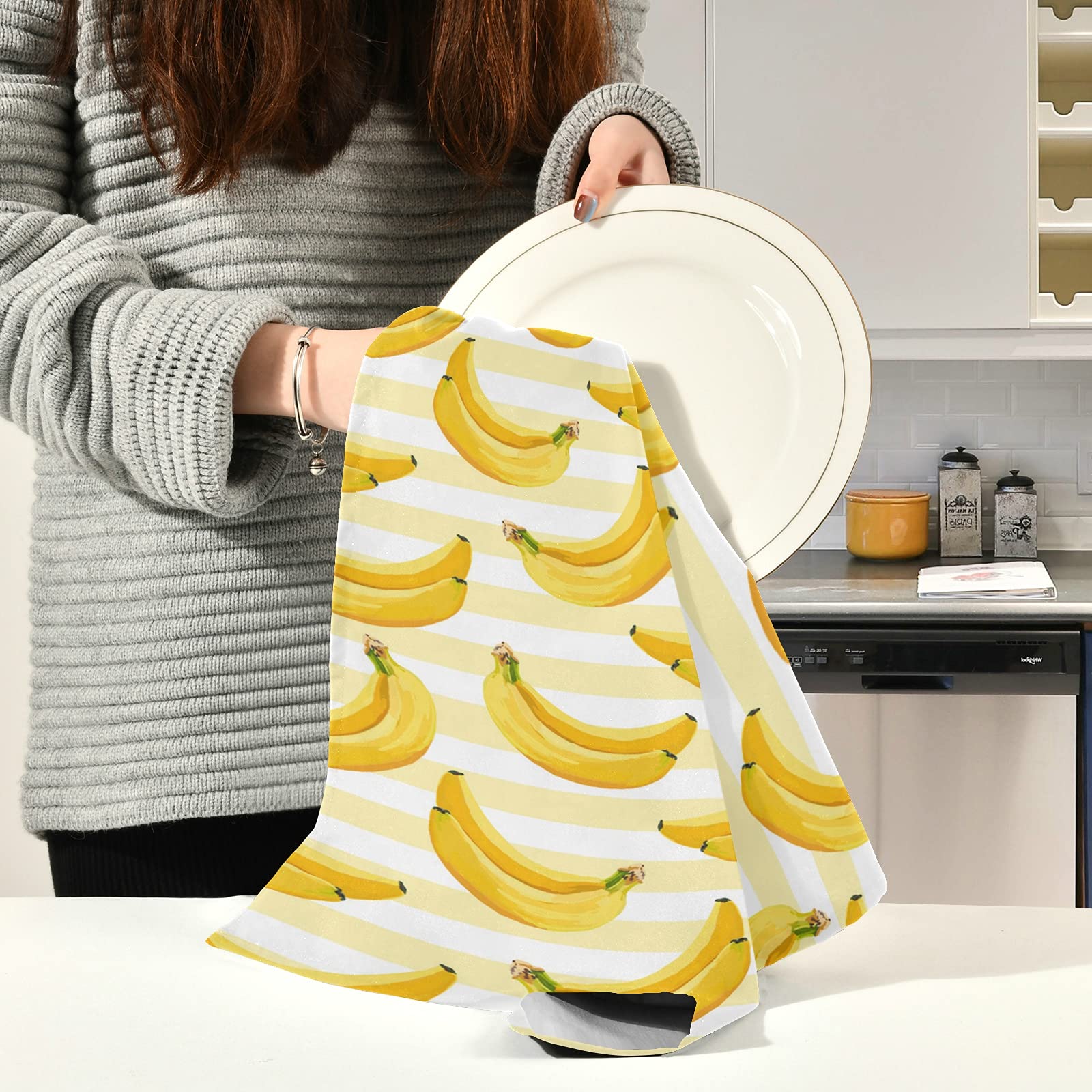 Yellow Banana Print Bath Towels Set - 18x28 Inch Soft Absorbent Fast Drying Kitchen & Bath Towels for Dishes, Tea Bar, Cleaning - Perfect for Bathroom, Kitchen & Home Decor