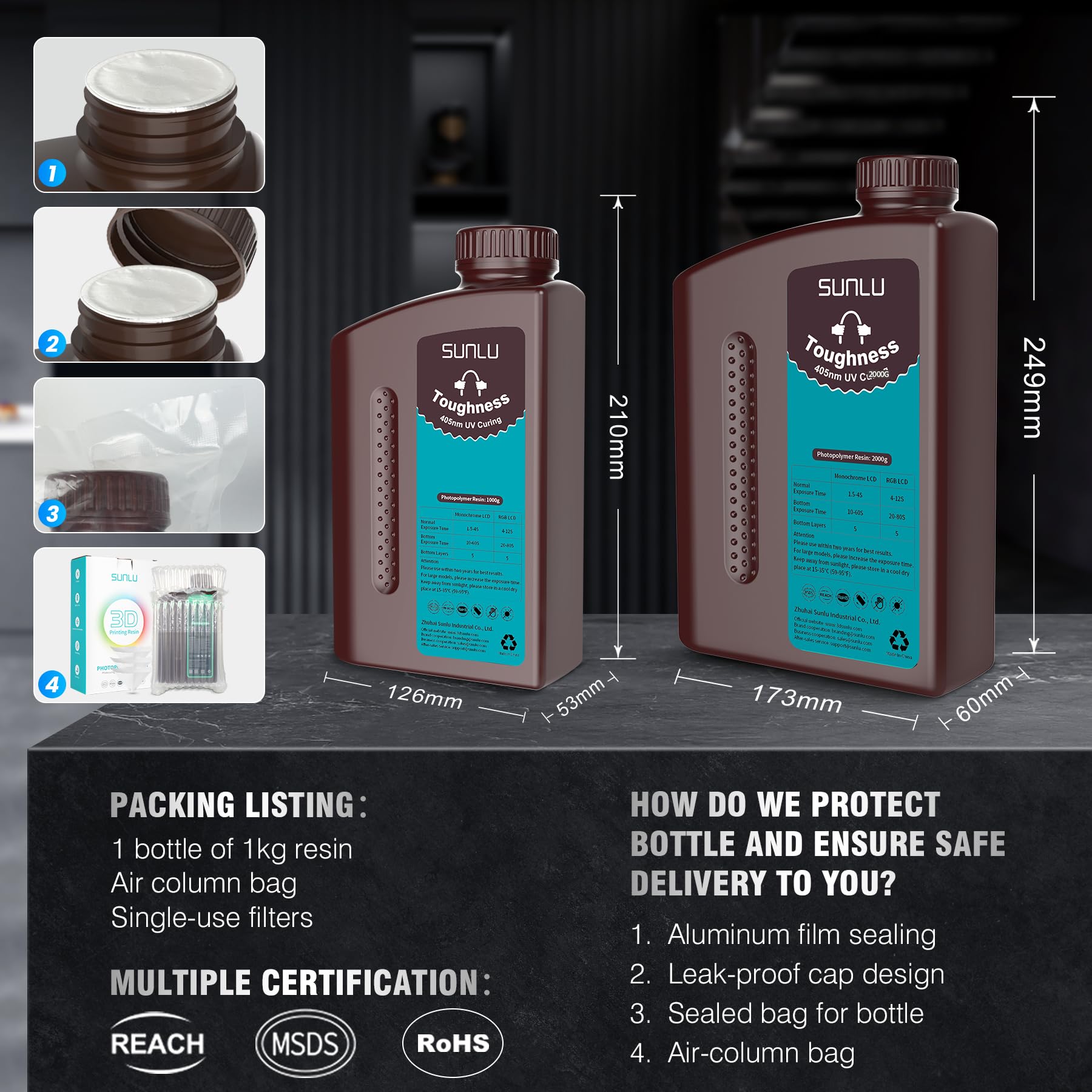 SUNLU 3KG High Toughness 3D Printer Resin - Flexible Photopolymer Resin for LCD/DLP/SLA Printers, 405nm UV Fast Curing, 3000g Dark Grey - Ideal for Prototyping, Miniatures & Functional Parts