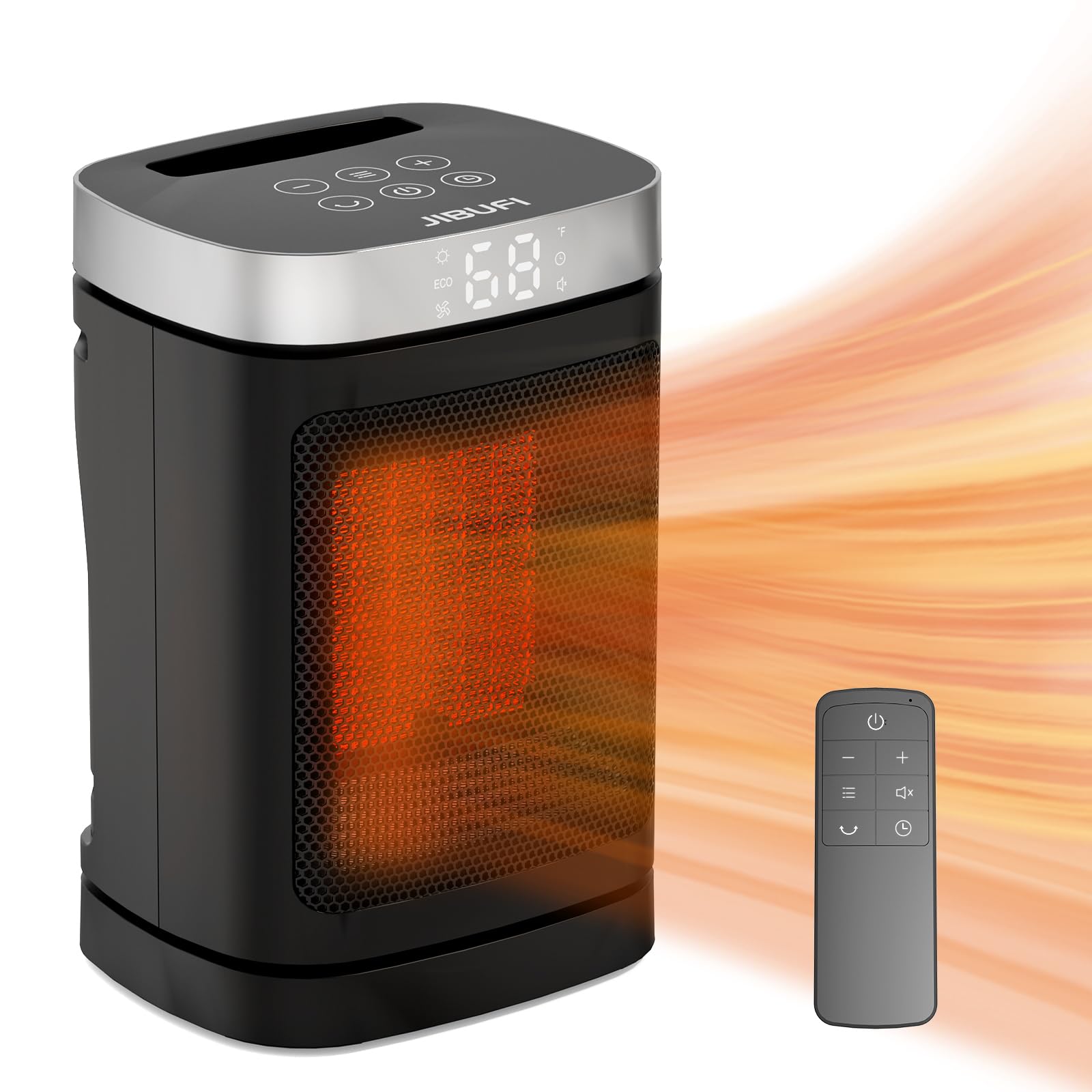 JIBUFI 1500W PTC Electric Space Heater - Small Portable Indoor Heater with 70° Rotation, Fast & Safe Heating, Remote Control, 1-12 Hour Timer - Perfect for Bedroom, Office, Home & Winter Use (Silver)