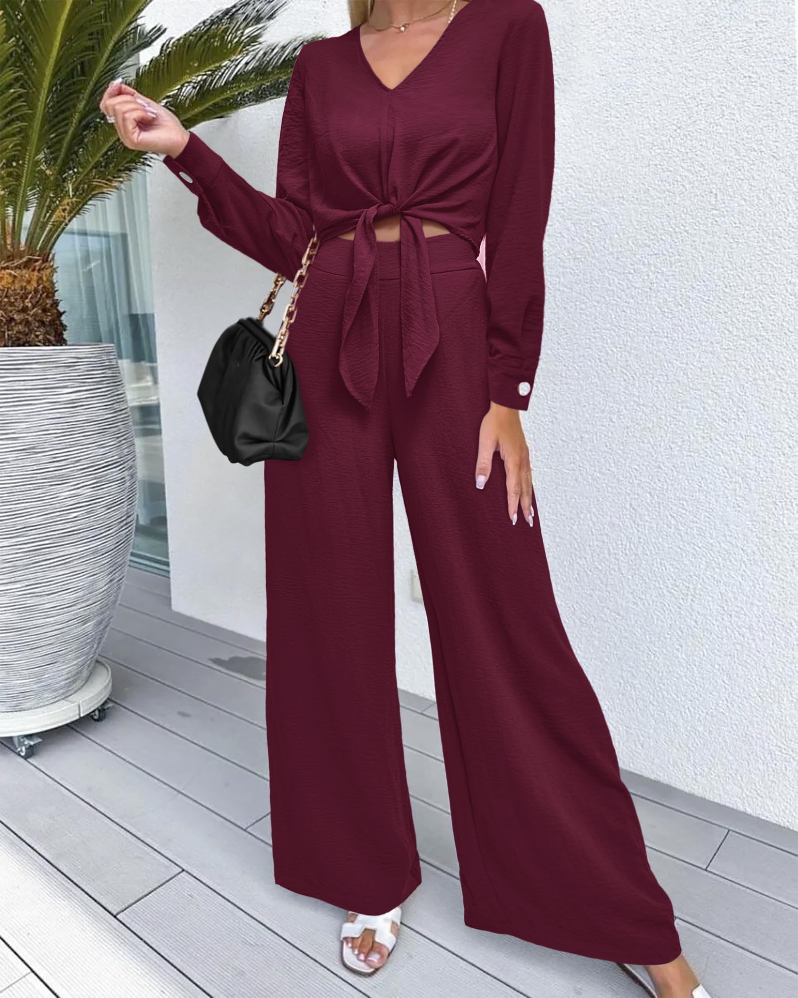 PRETTYGARDEN Women's 2 Piece Outfits 2025 Spring Casual V Neck Long Sleeve Strappy Crop Top with Wide Leg Palazzo Pants Set | Trendy Matching Outfit for Brunch, Shopping & Vacation
