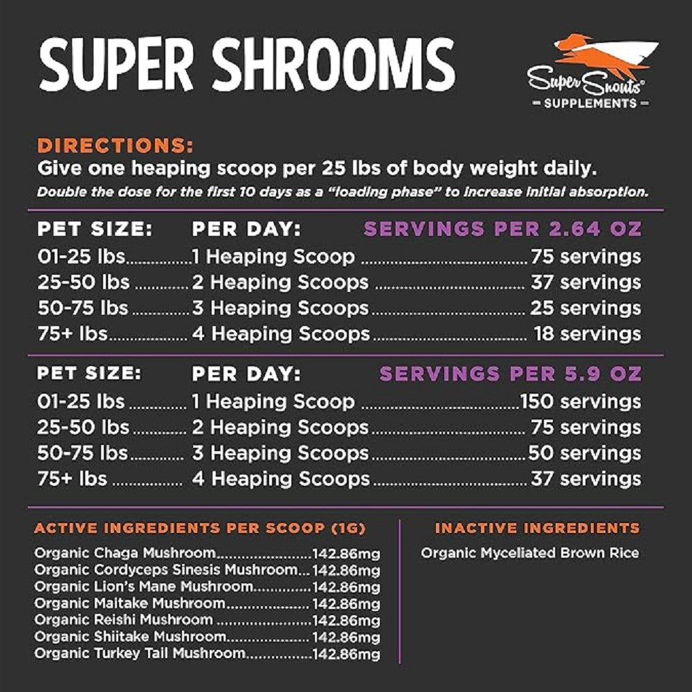 Premium Super Shrooms Mushroom Supplement for Dogs & Cats - Immune Support, Joint Health & Vitality - Ideal for Active Pets, Senior Pets & Wellness Routines