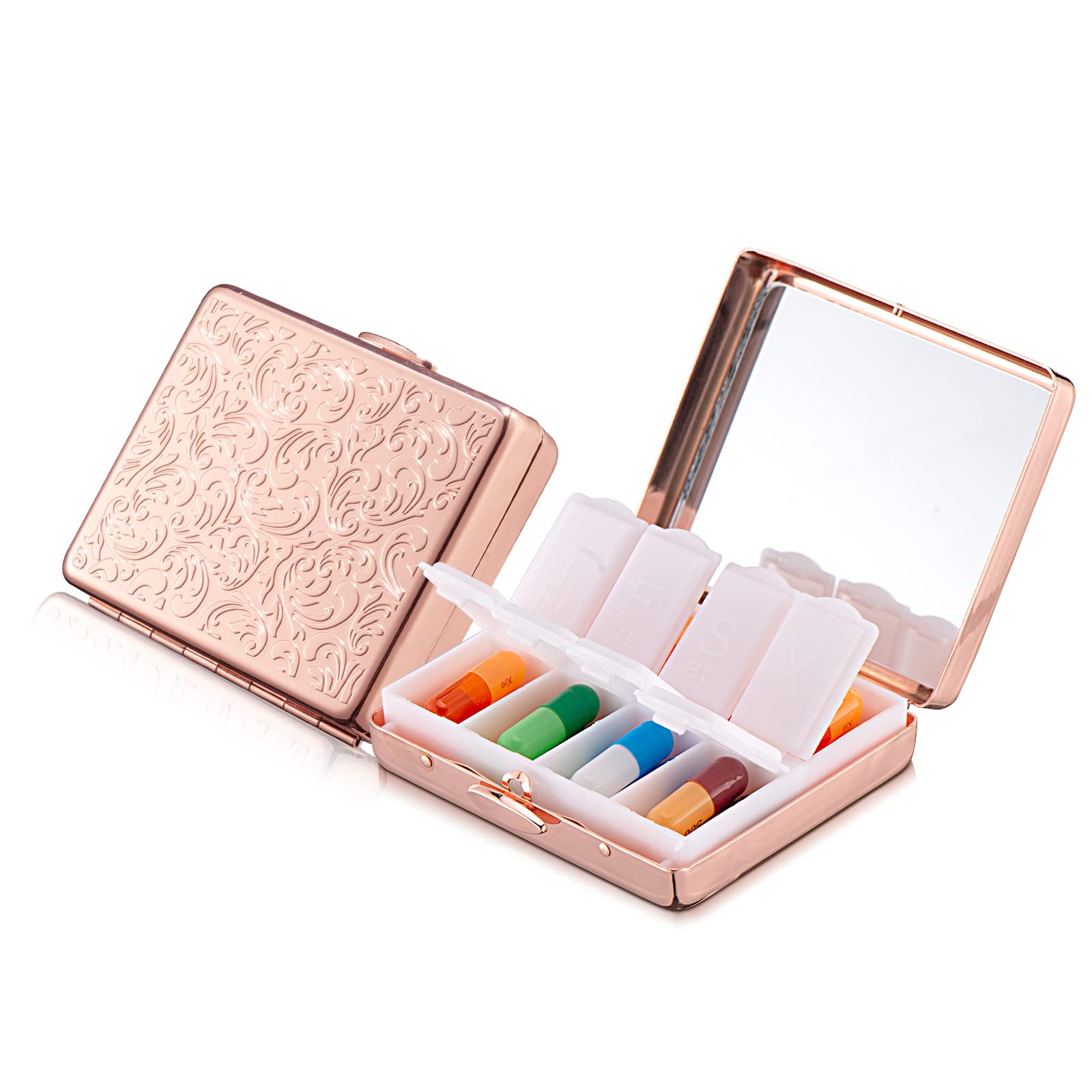 Portable Metal Travel Medicine Box with Mirror - 8 Compartments Rose Gold Pill Organizer | Perfect for Daily Medication, Travel Essentials & First Aid Kit Organization