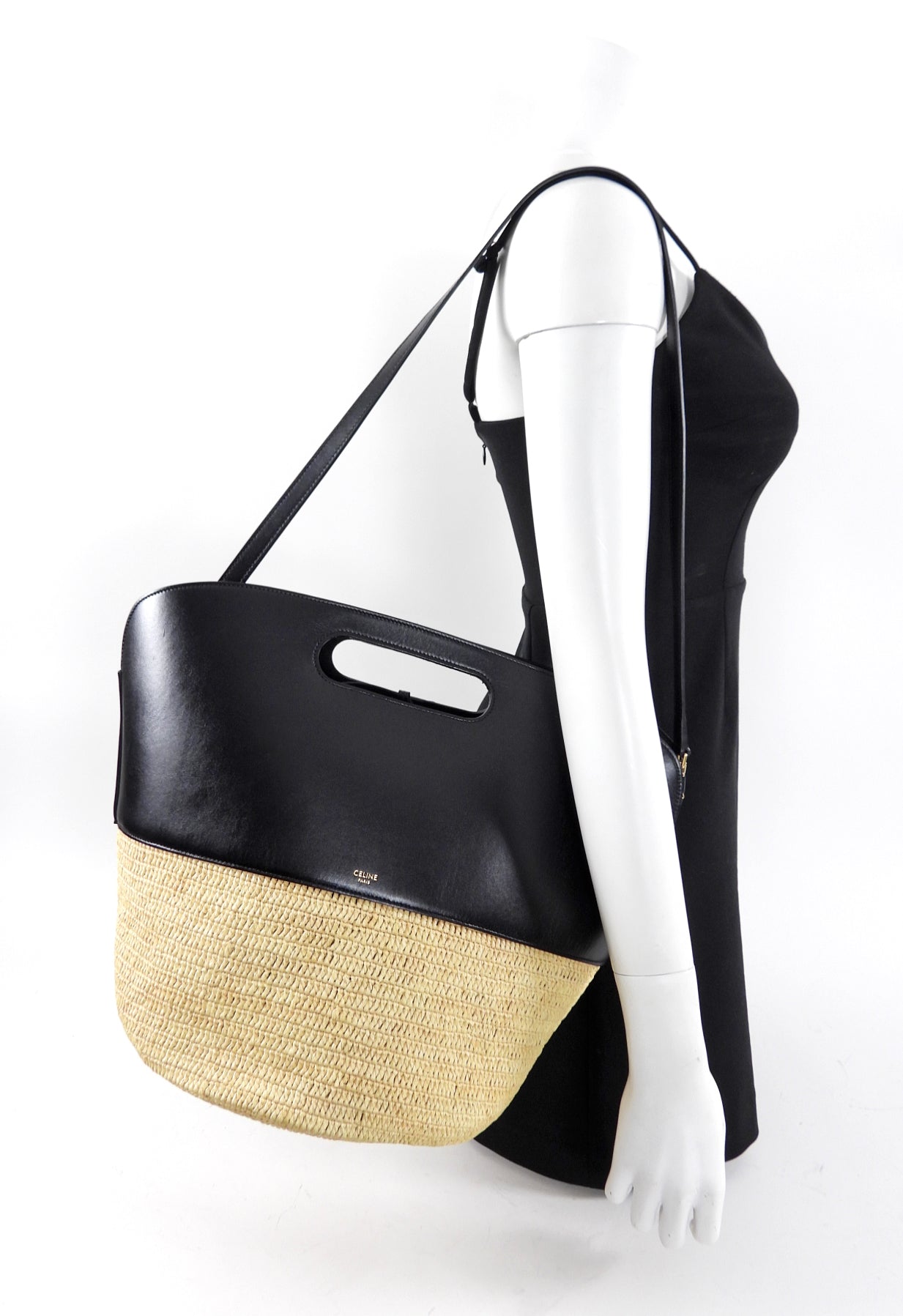 Celine Raffia and Black Leather Basket Bag with Adjustable Strap - Stylish Crossbody Tote for Women, Perfect for Beach, Shopping, and Everyday Use
