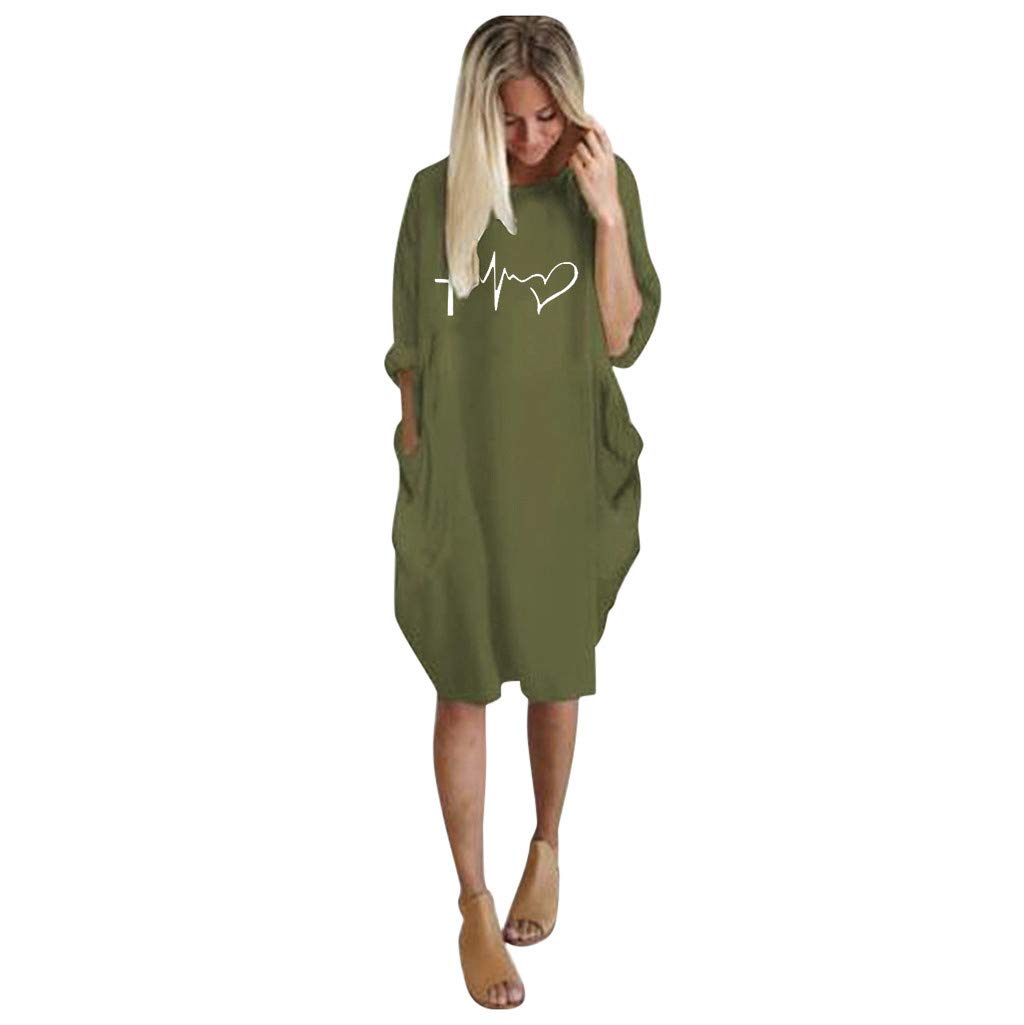 Women's Summer Long Sleeve Loose Casual Dress with Pockets - Crew Neck Plus Size Flowy Maxi Dress for Beach, Vacation & Everyday Wear