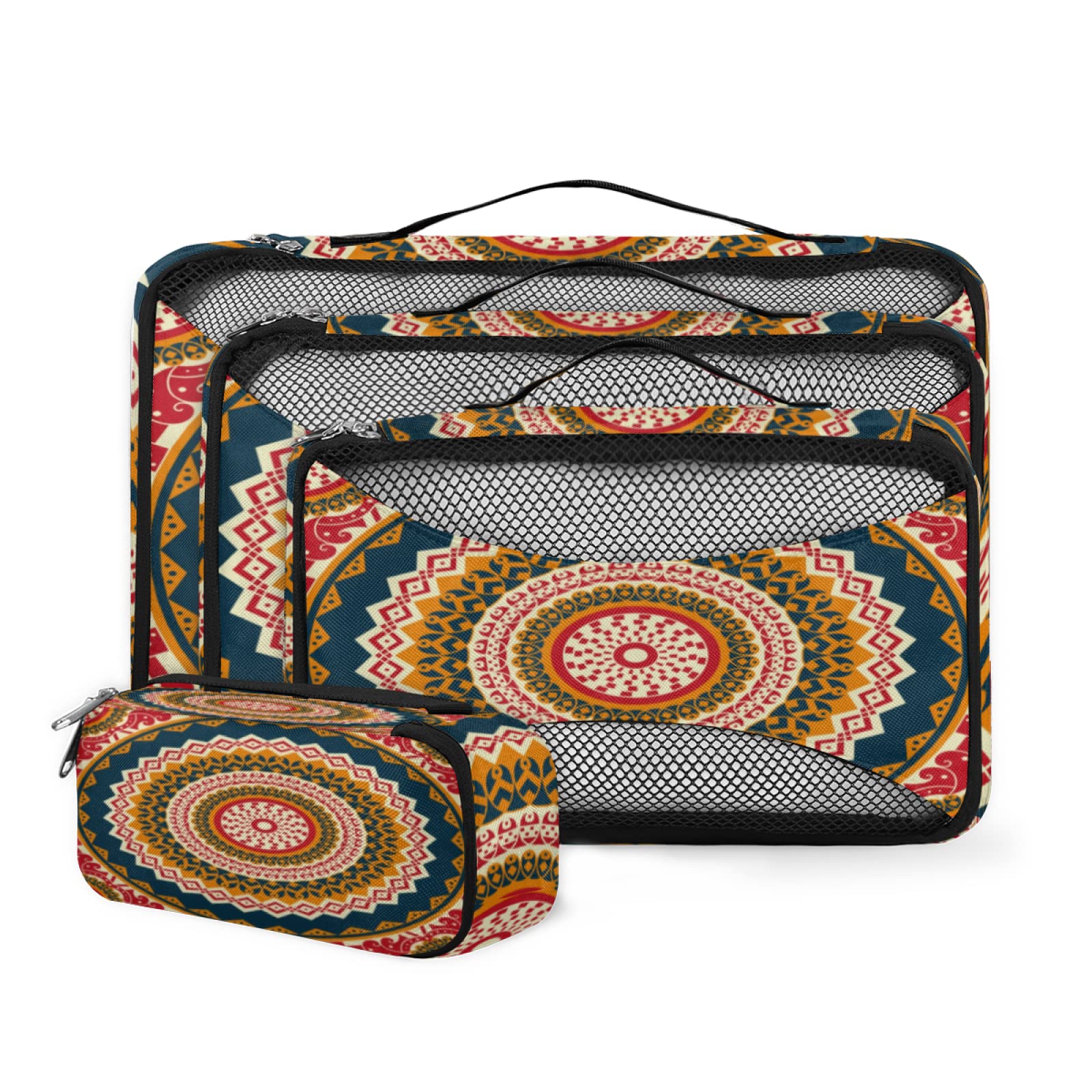 4-Piece Ethnic Mandala Packing Cubes Set - Lightweight & Space-Saving Travel Organizers for Suitcases | Perfect for Vacation, Business Trips & Backpacking