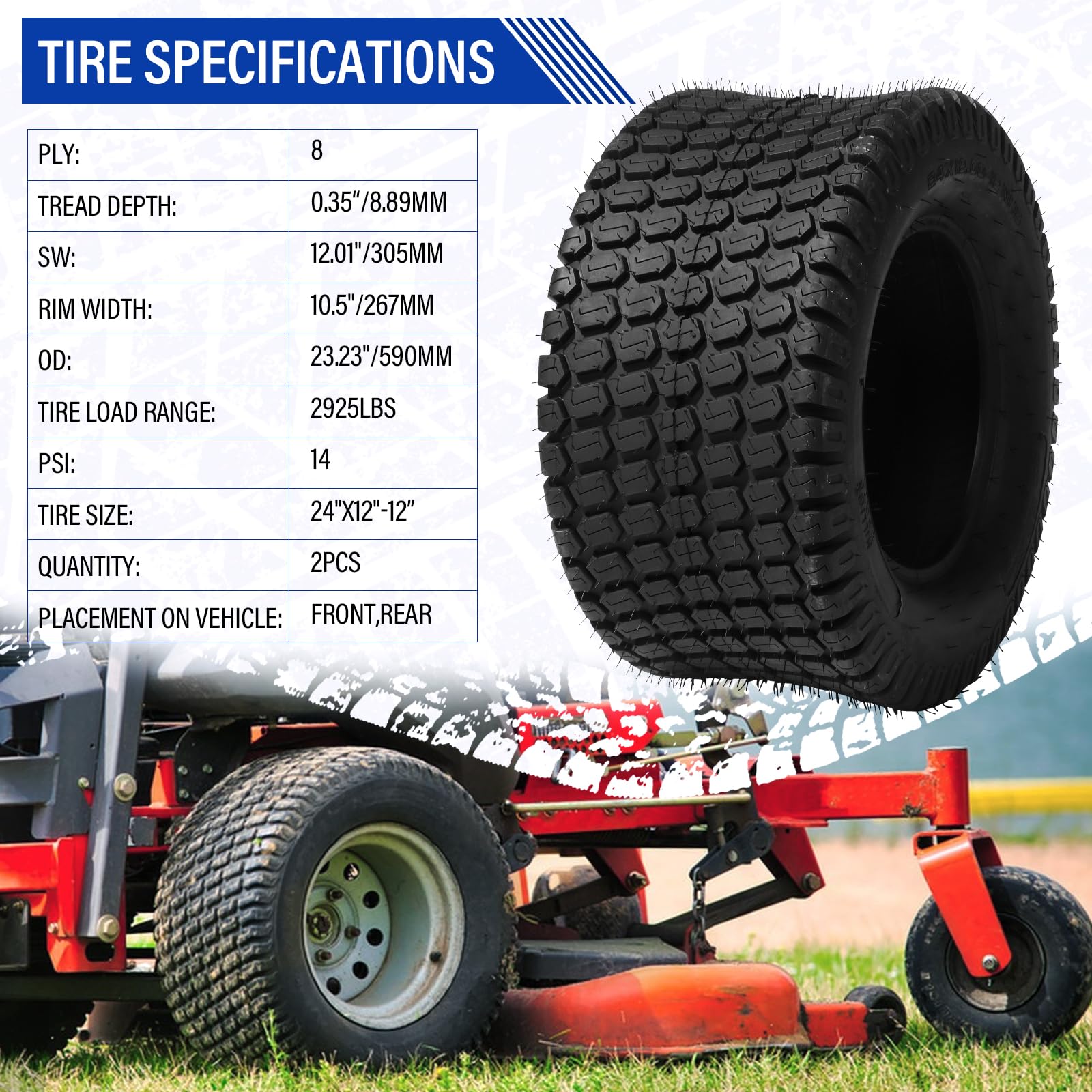 24x12-12 8PR Lawn & Garden Tractor Tires - Heavy Duty 24x12x12 Golf Cart Tires (Set of 2) - Perfect for Mowing, Landscaping & Golf Course Maintenance